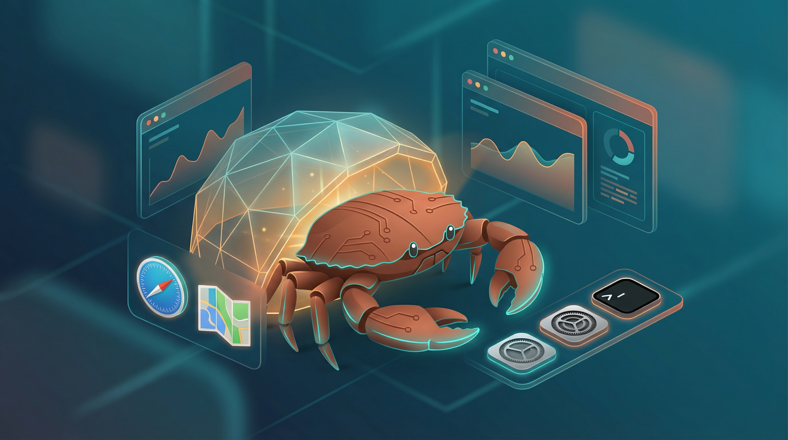 Luminous crab emerging from digital shell with circuit patterns, representing Tauri framework