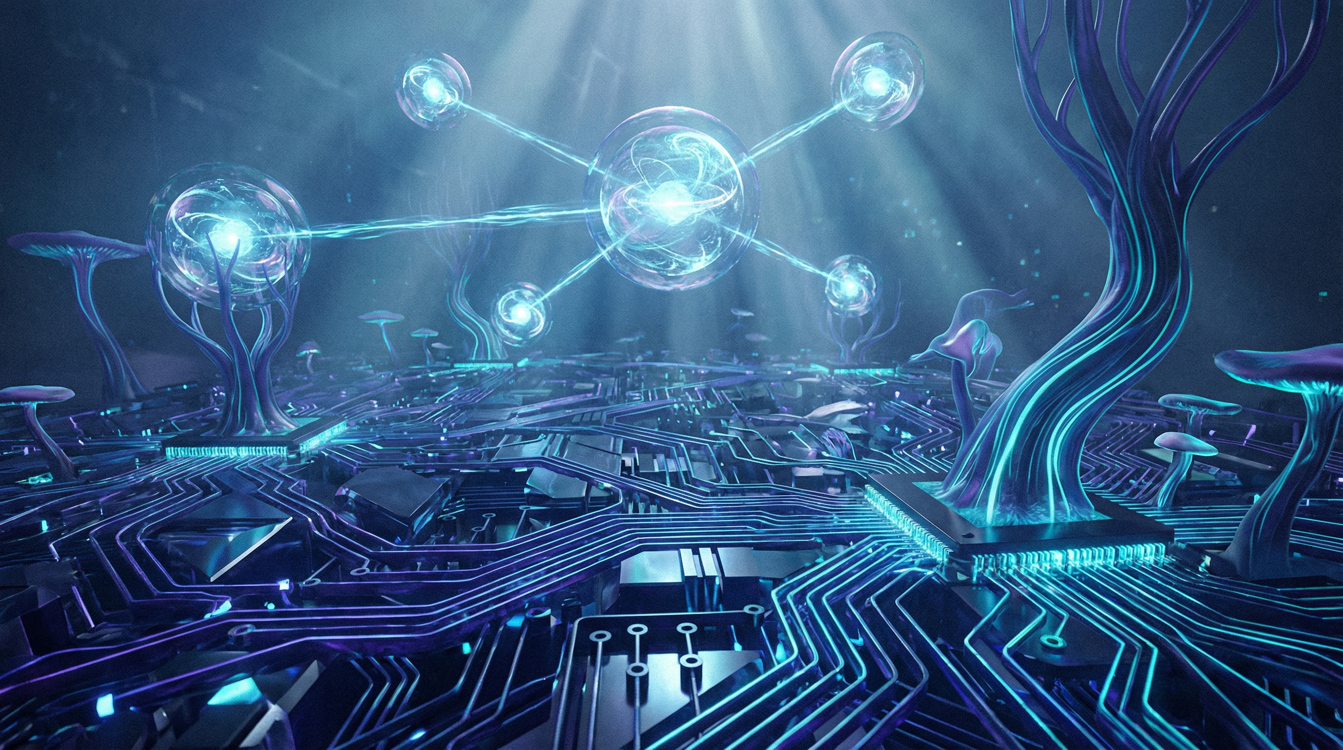 Abstract visualization of technology evolution with neural pathways and quantum orbs