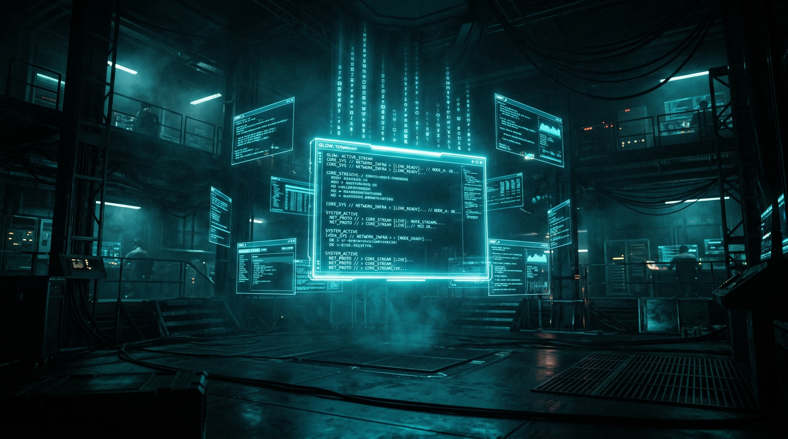 A glowing terminal window floating in a dark command center, with holographic code streaming upward and smaller terminal windows orbiting like satellites