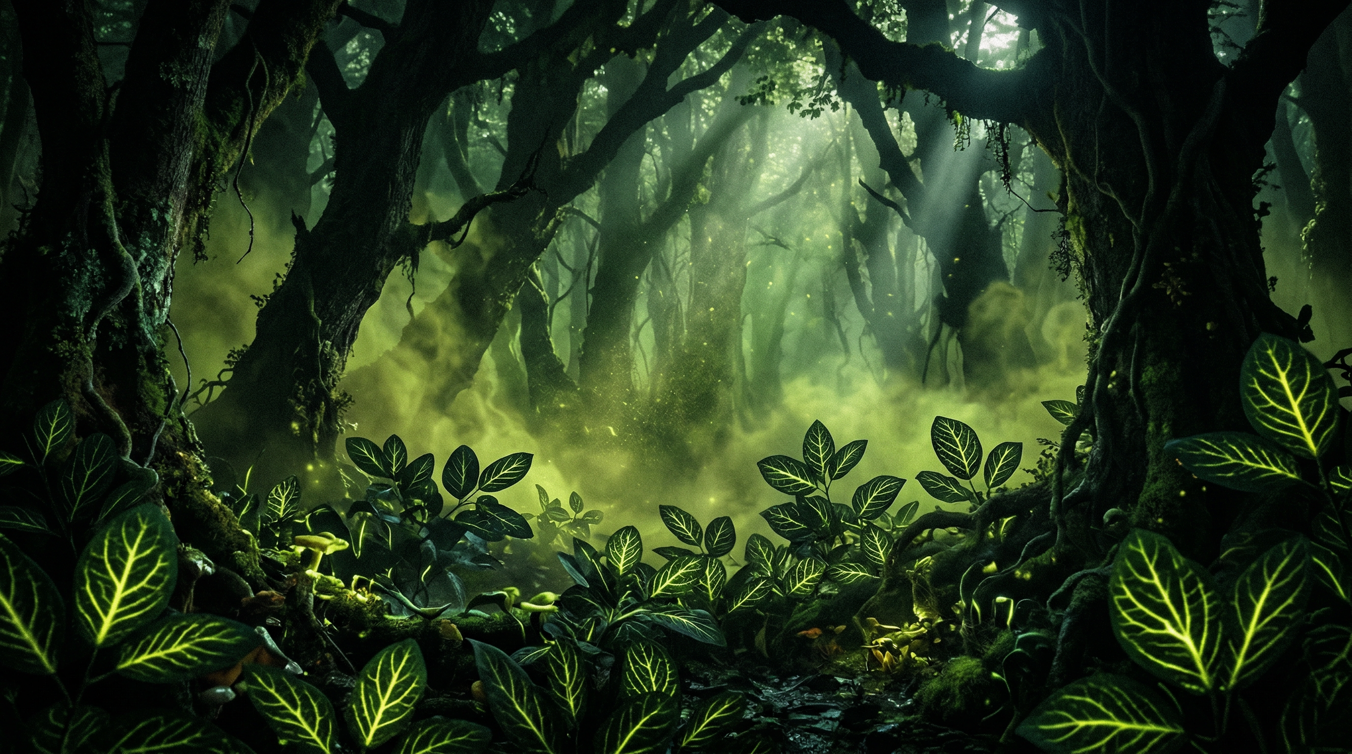 An eerie twilight forest with toxic green-yellow haze drifting between ancient trees, microscopic pollen particles visible in shafts of light