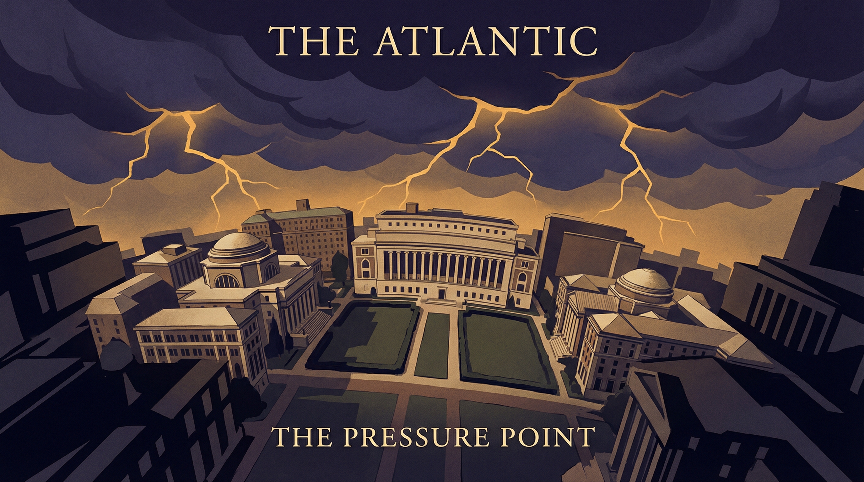 Aerial view of university campus compressed by invisible forces, indigo storm clouds with amber light breaking through, editorial illustration