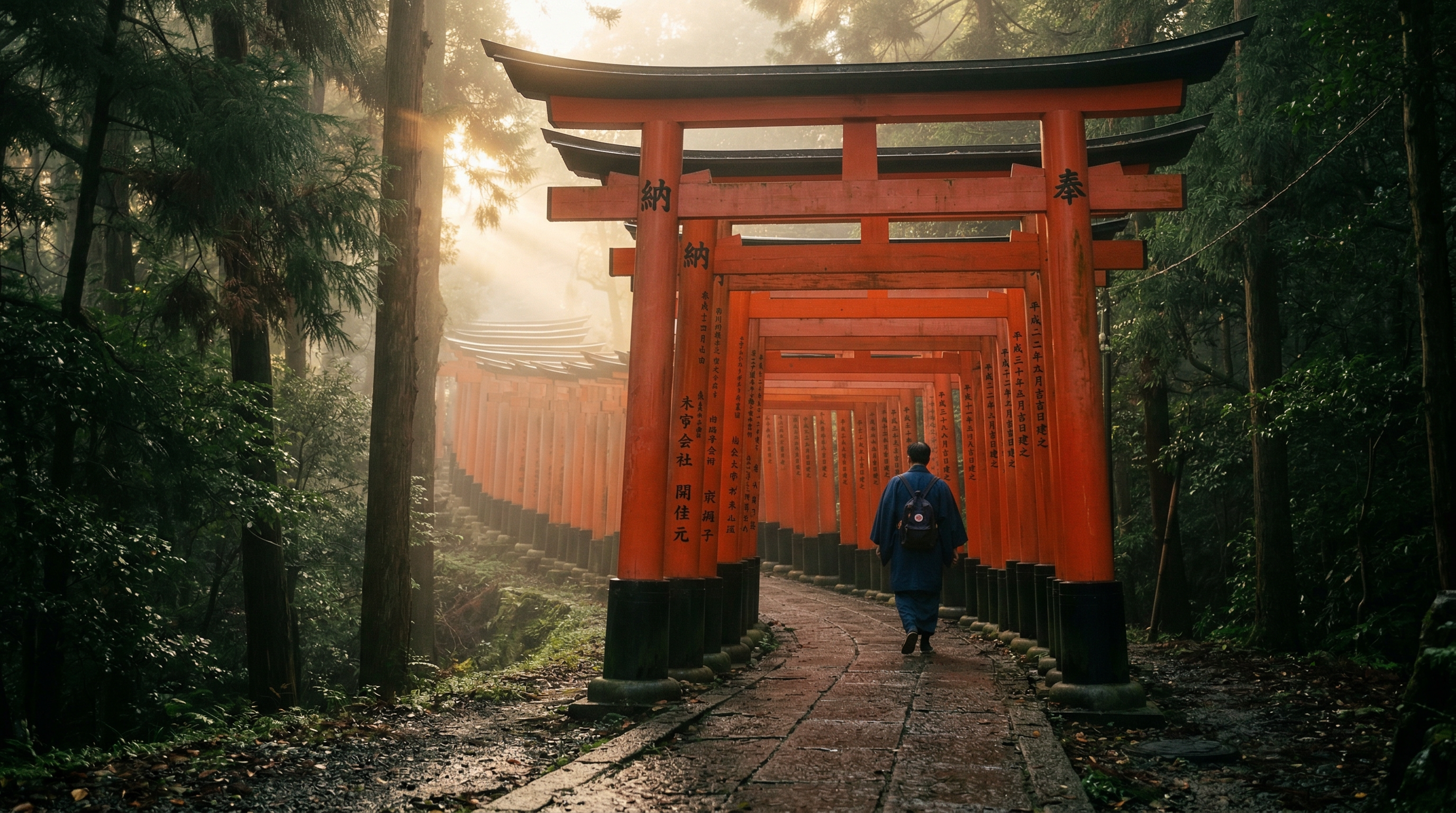 Vermillion torii gates of Fushimi Inari shrine stretching into misty morning light in Kyoto, Japan