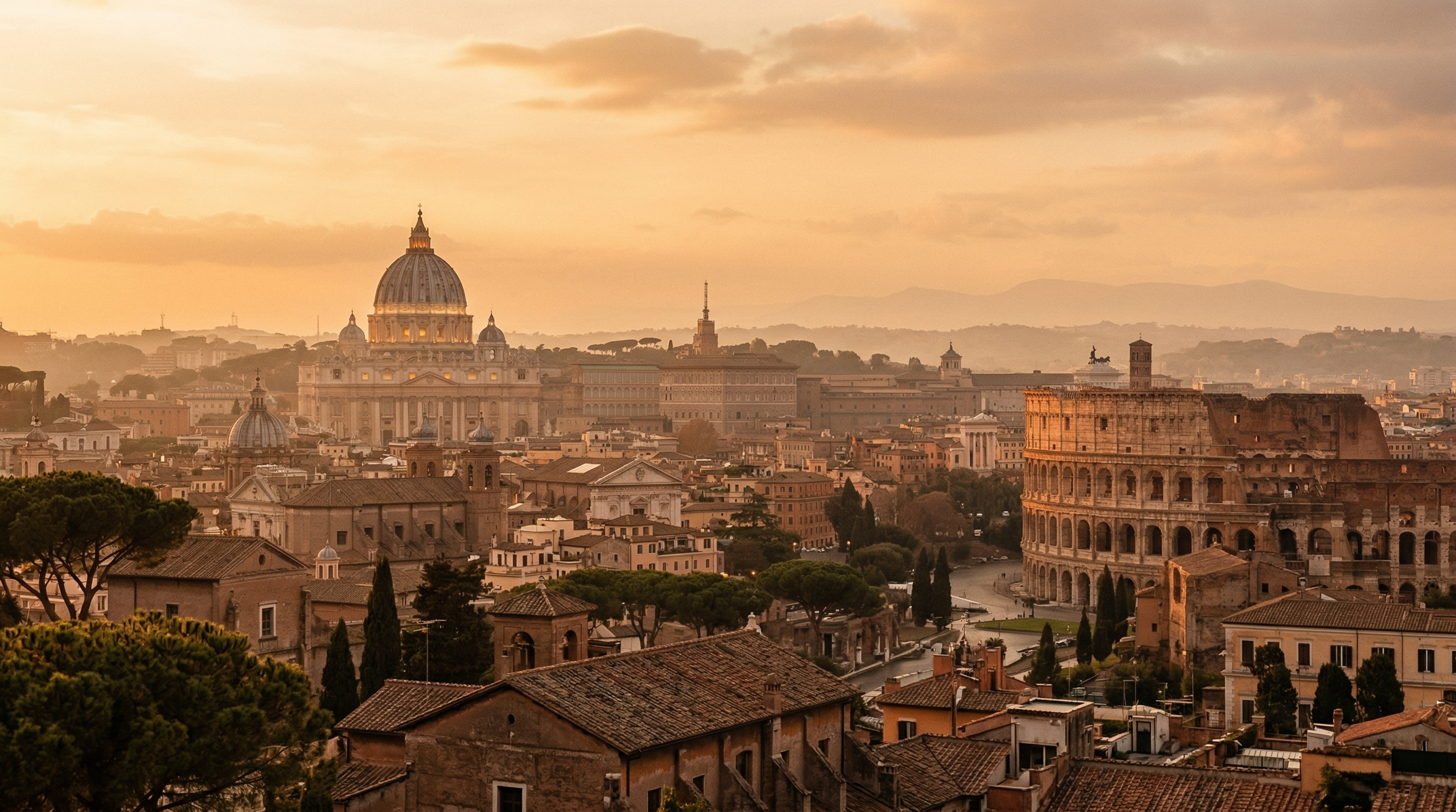 Panoramic golden hour view of Rome's skyline with St. Peter's dome and the Colosseum bathed in warm terracotta light