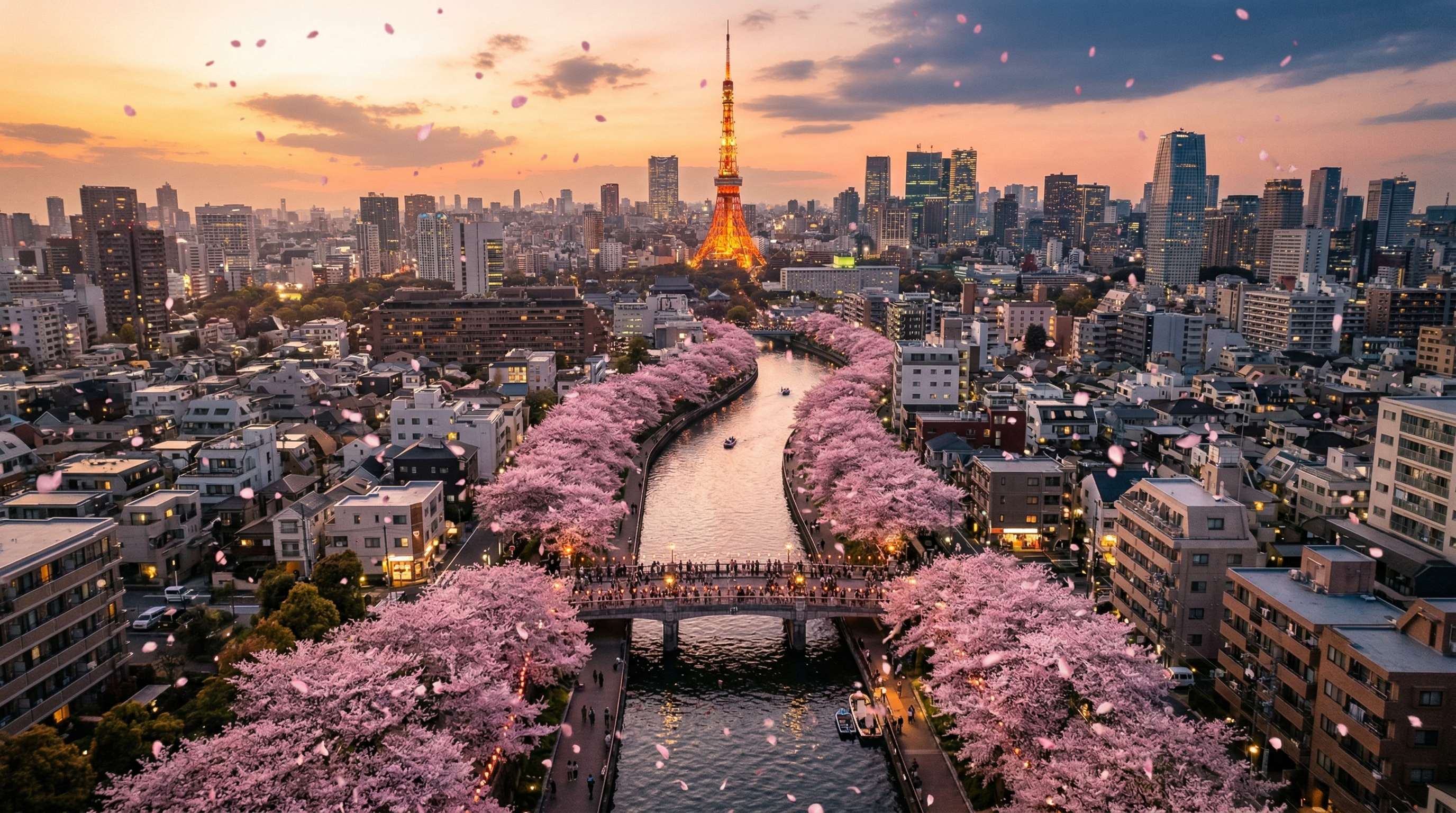 Aerial view of Tokyo at golden hour with cherry blossom trees in full bloom along the Meguro River