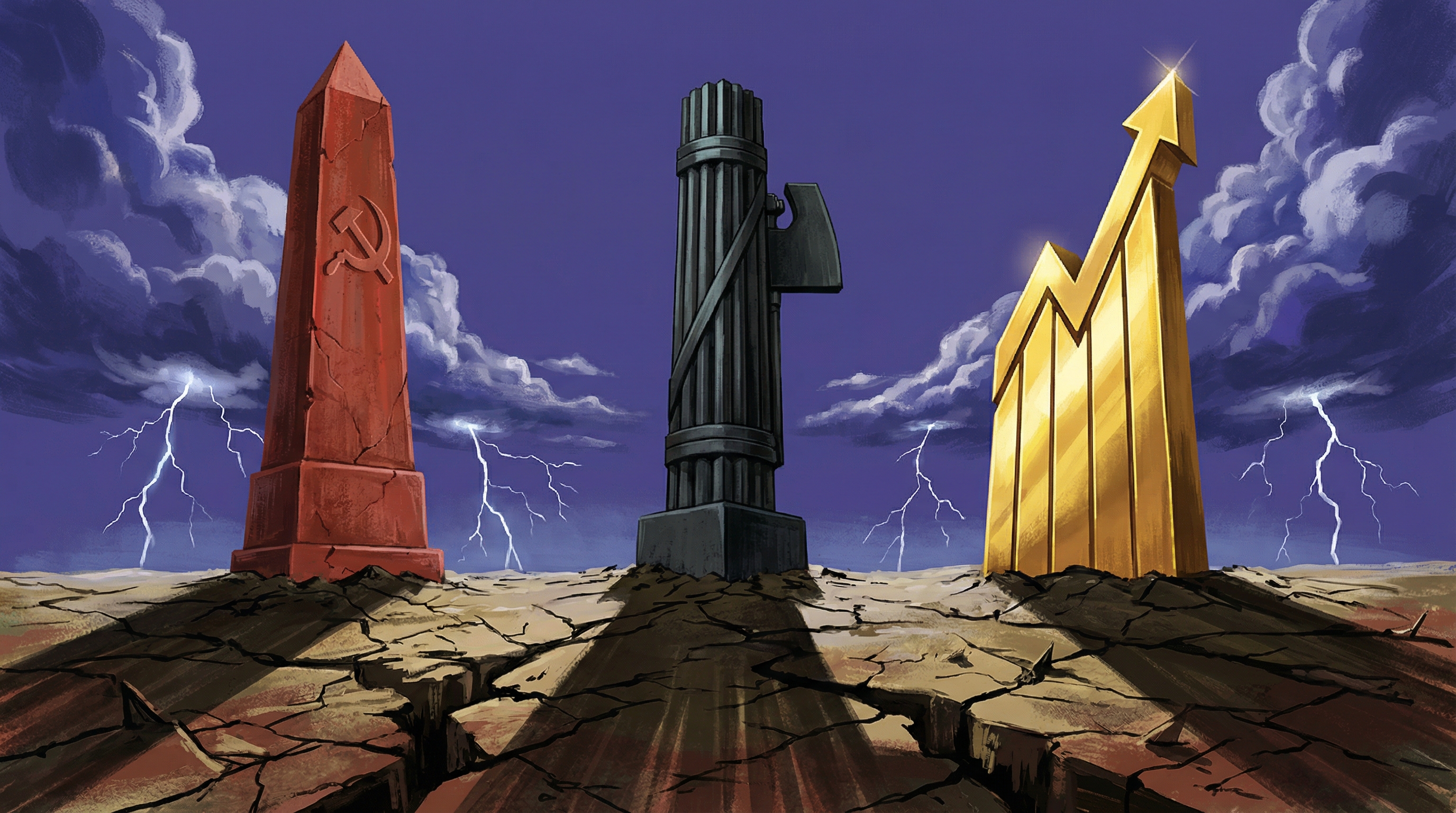 Three towering monoliths representing communism, fascism, and capitalism against a stormy indigo sky