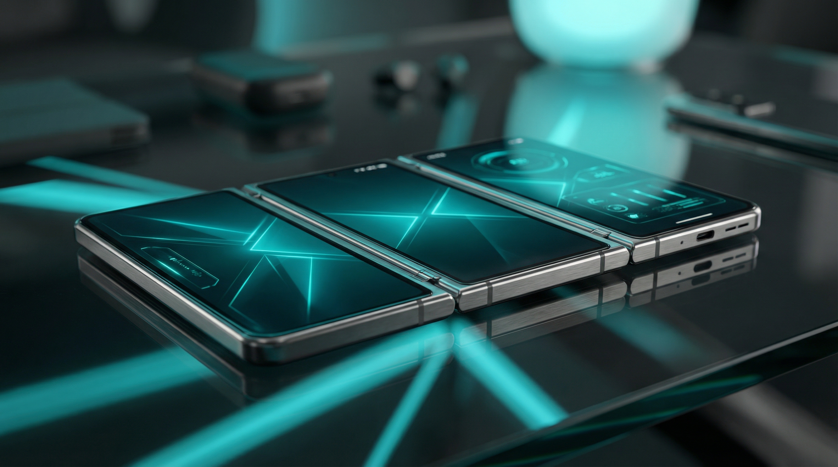 Futuristic tri-fold smartphone unfolded on a reflective surface with teal lighting