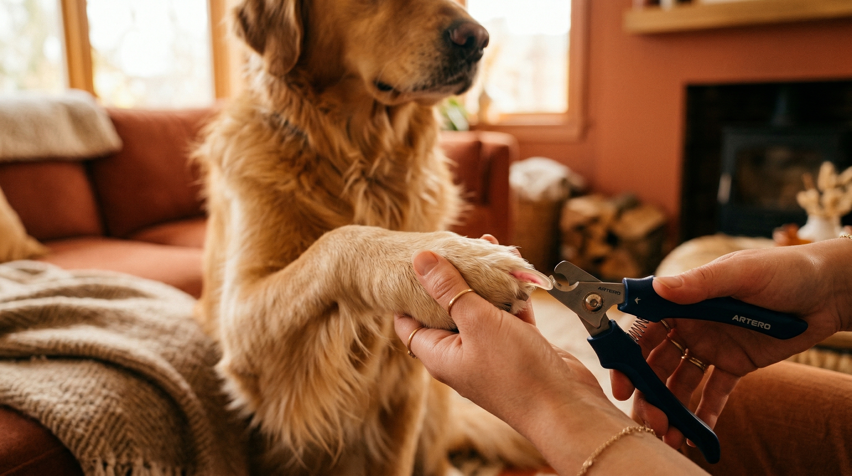A golden retriever's paw being gently held for nail trimming in a warm, cozy living room