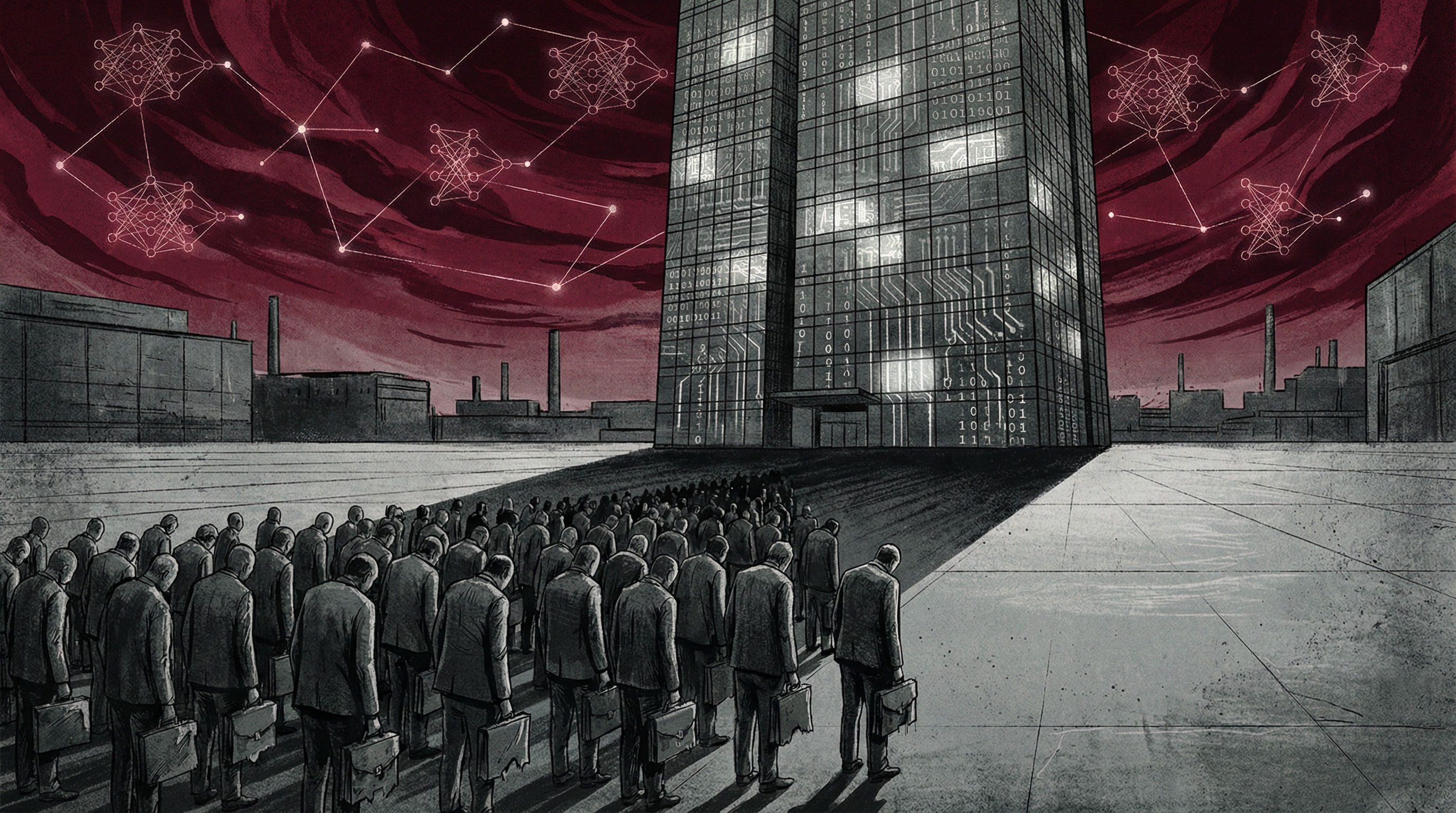 A corporate glass tower casting shadows over displaced workers under a crimson AI-networked sky