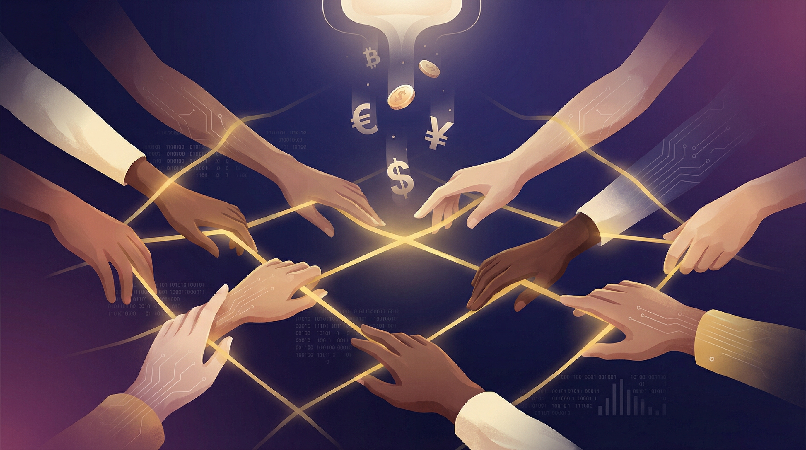 Abstract visualization of interconnected hands forming a safety net, catching currency symbols in deep indigo and violet tones
