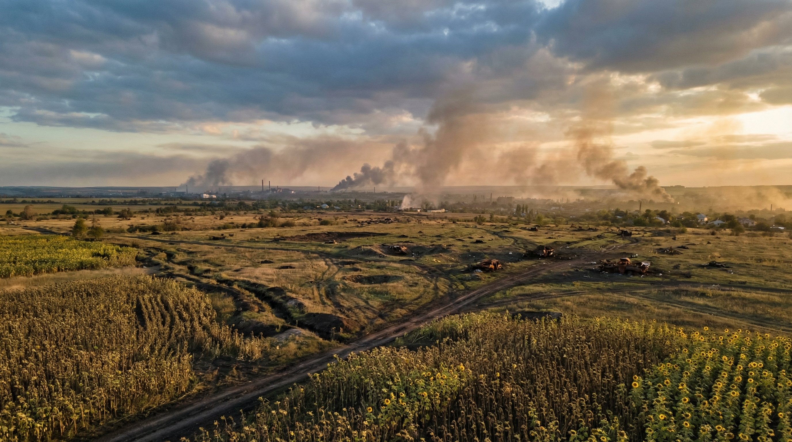 Aerial view of Eastern European landscape at golden hour, sunflower fields transitioning to a smoky horizon