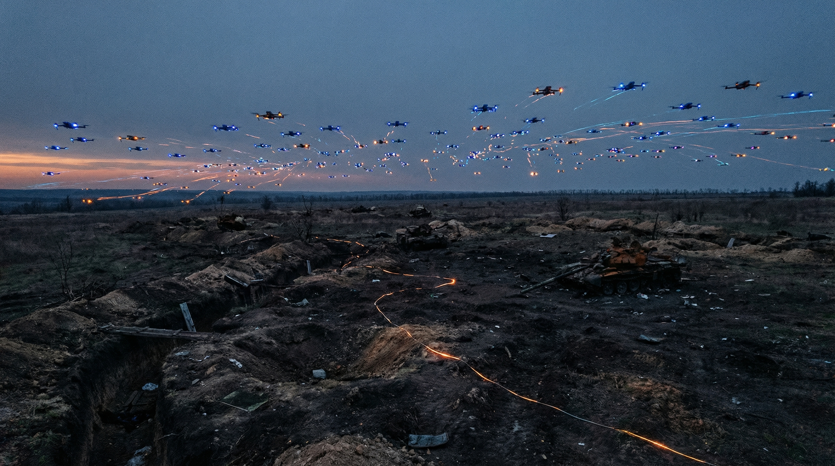 Dramatic aerial view of a modern battlefield at dusk with hundreds of drones filling the sky like fireflies