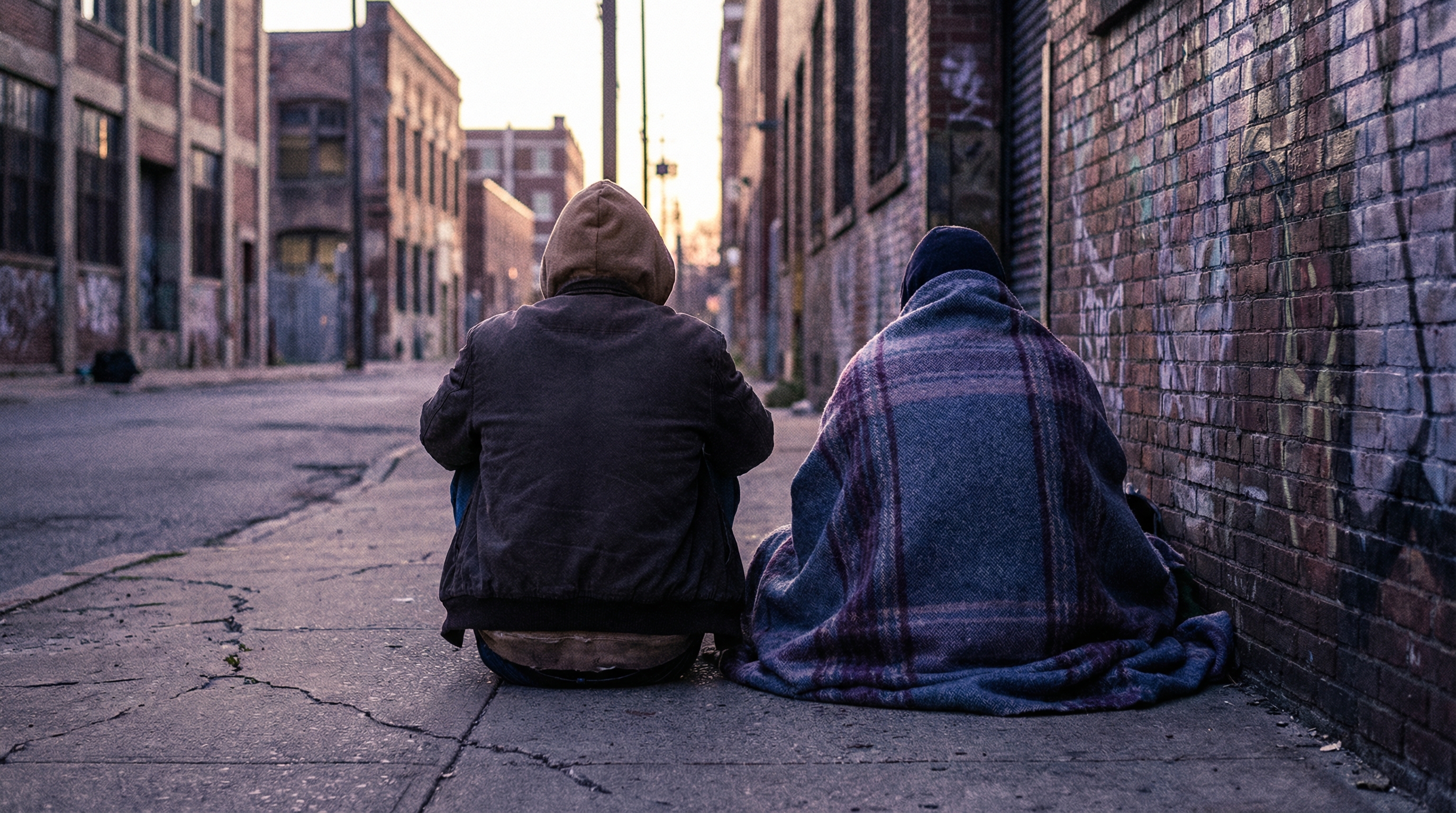 Two people sitting on an urban sidewalk, viewed from behind, soft morning light filtering through buildings