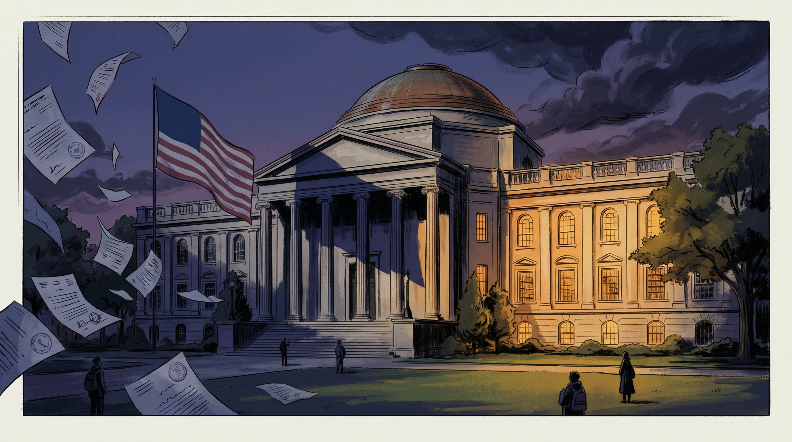 Editorial illustration of a university building caught between warm amber light and cold bureaucratic shadows with documents swirling