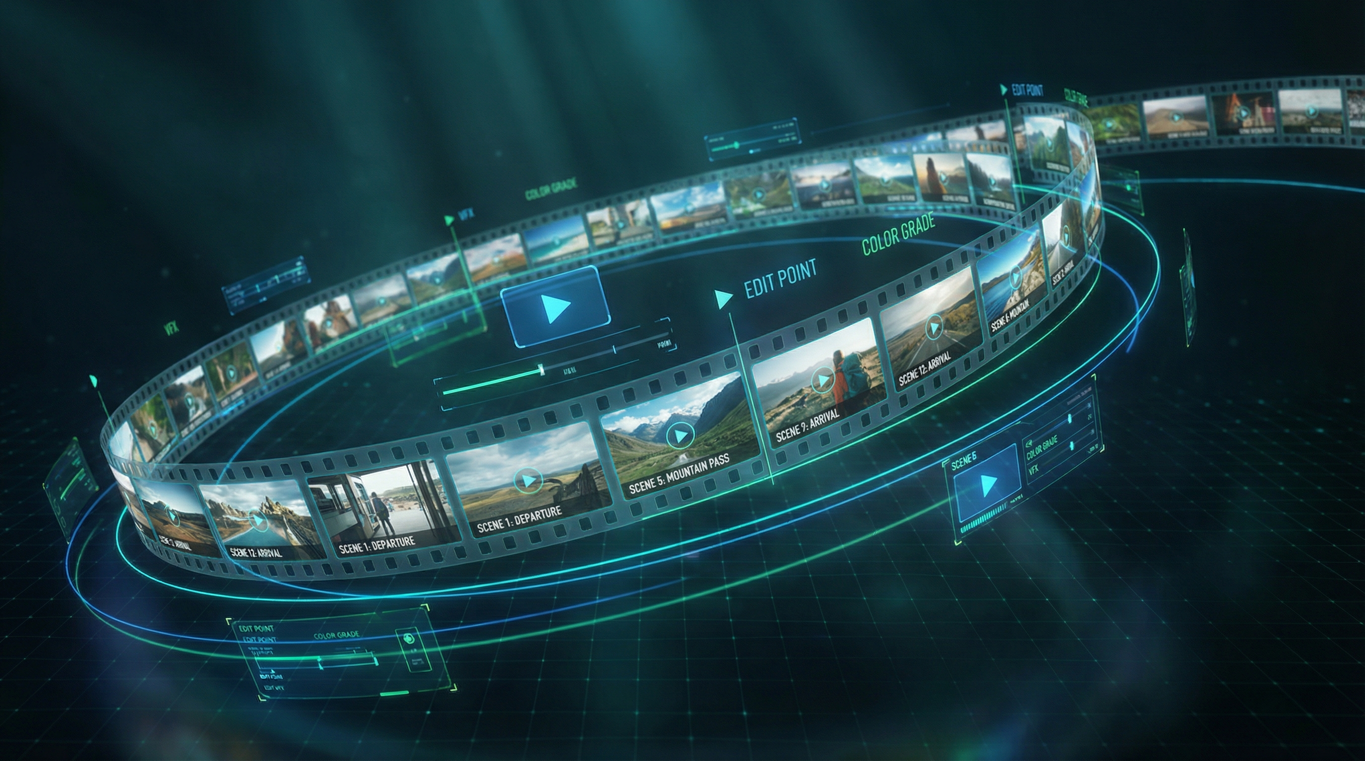 Film segments connected by digital light trails representing multi-segment video generation