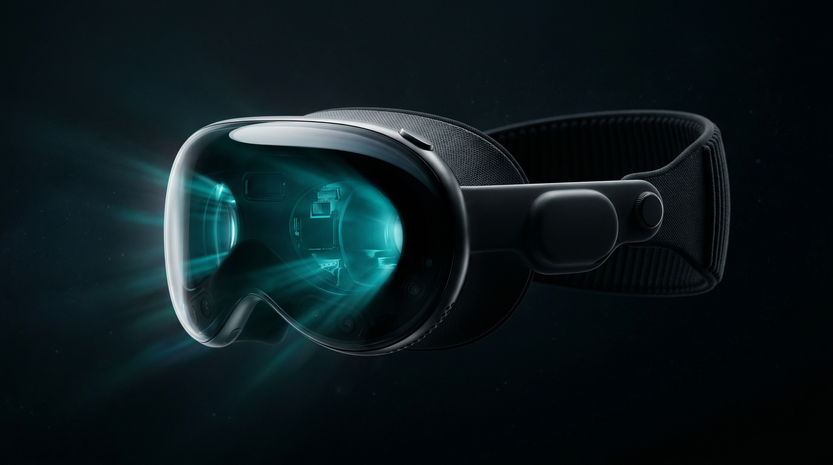 Apple Vision Pro headset floating in dramatic teal-lit void, light refracting through translucent glass panels