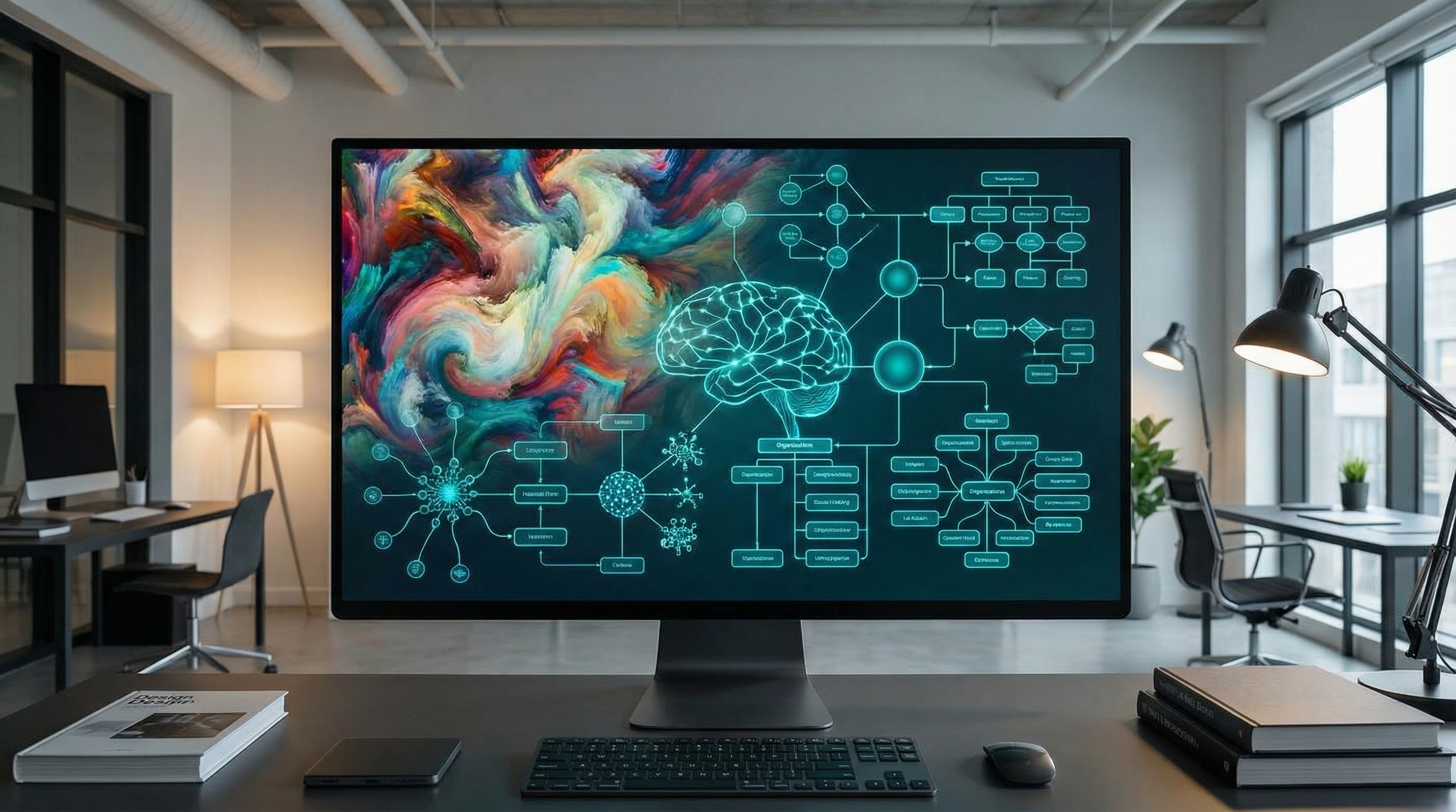 Abstract visualization of digital workflow tools transforming into structured diagrams