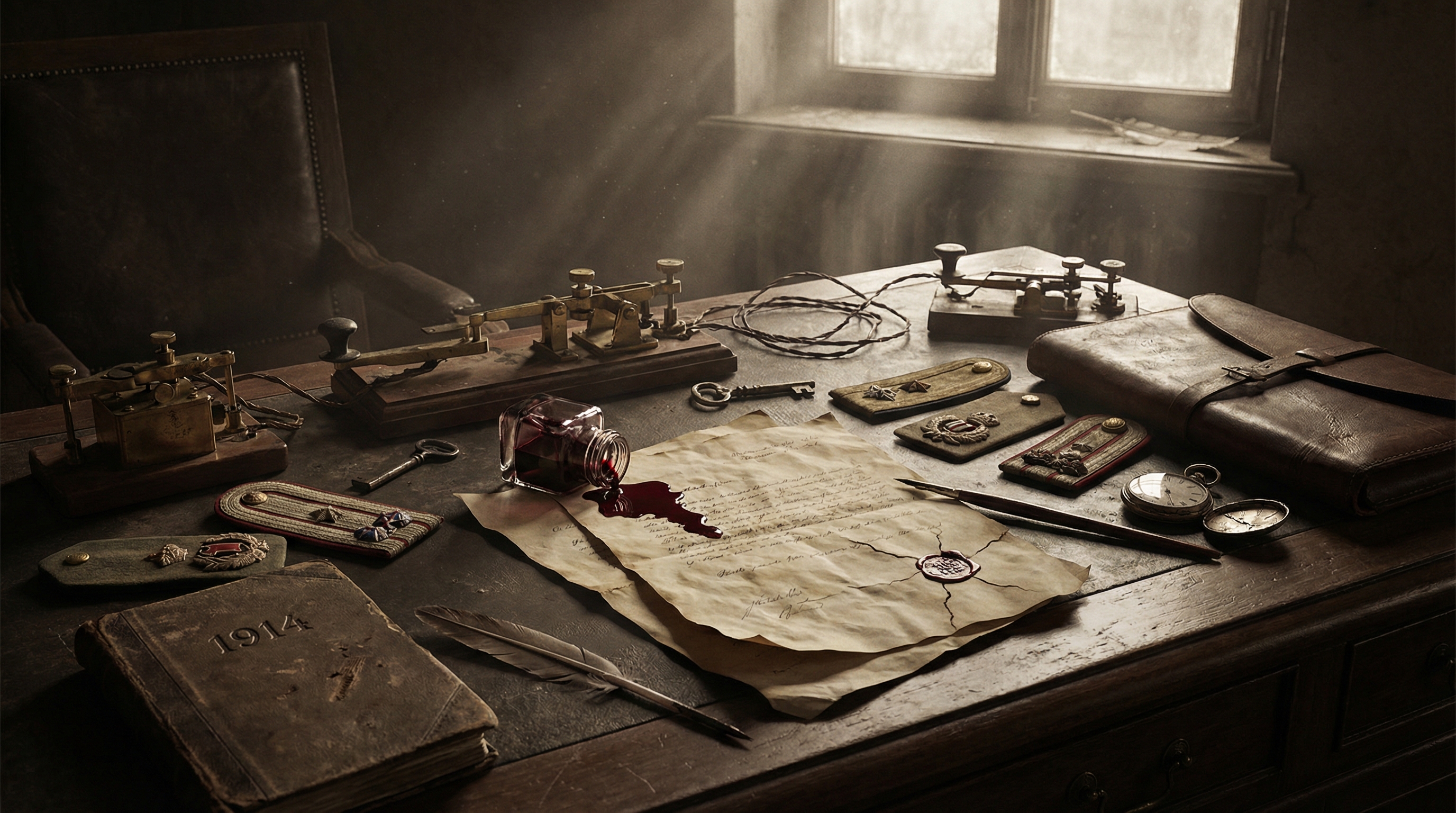 Diplomatic table from 1914 with scattered documents, overturned inkwell, and military epaulettes