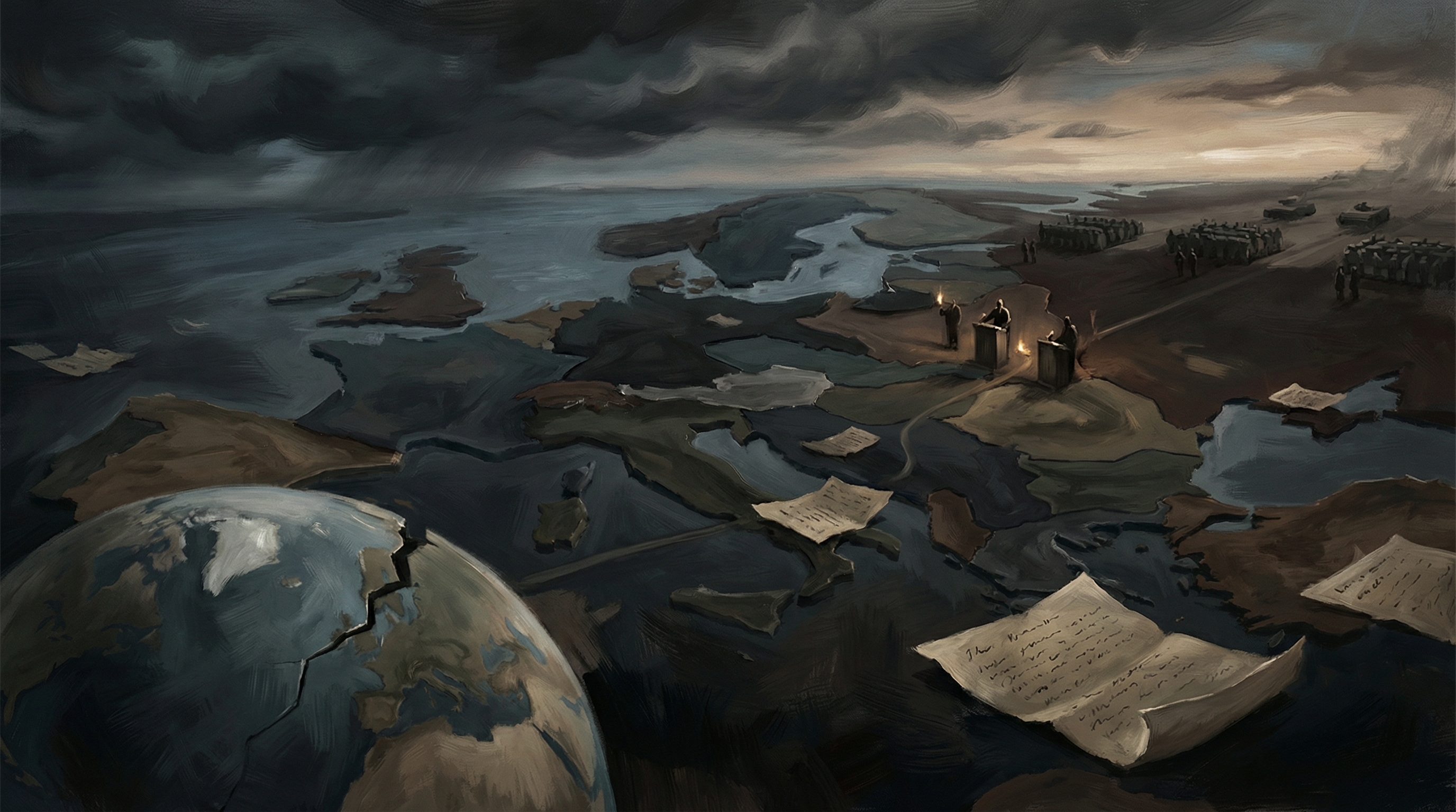 Oil-painting-style panorama of 1930s Europe at twilight, storm clouds gathering over a continent of sharp borders, scattered treaty documents, and military formations on the horizon