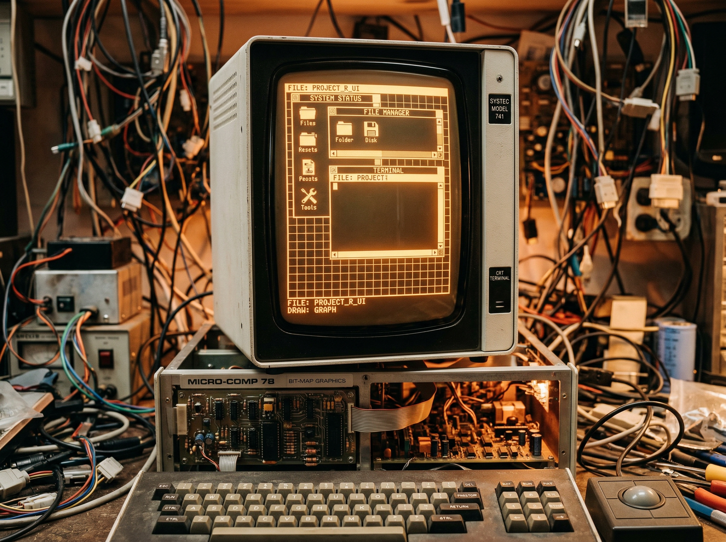 The Xerox Alto computer workstation, its portrait-orientation CRT monitor glowing in a dim 1970s research lab