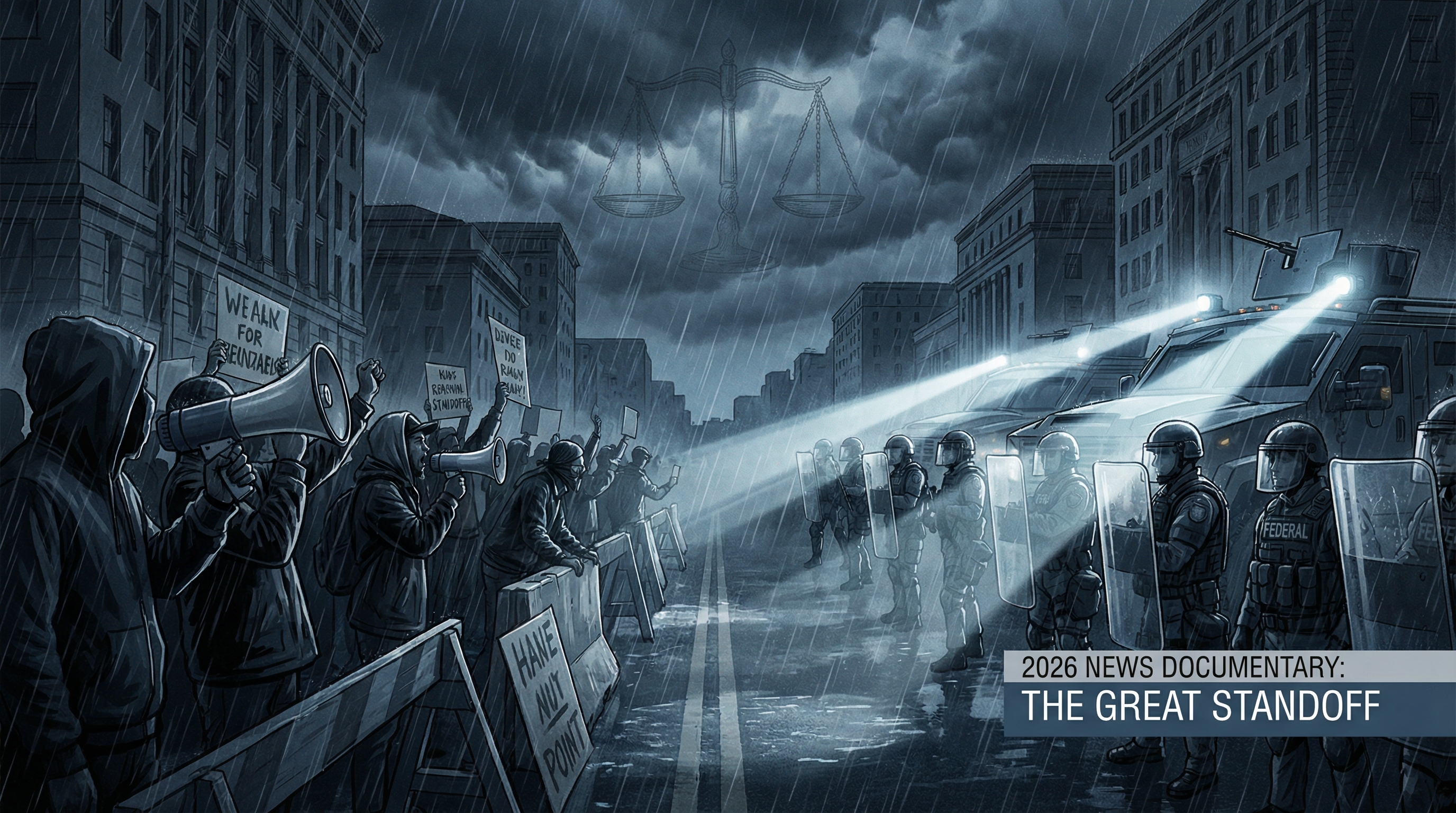 Gavel casting shadow over 1871 Reconstruction document with protest sign silhouette