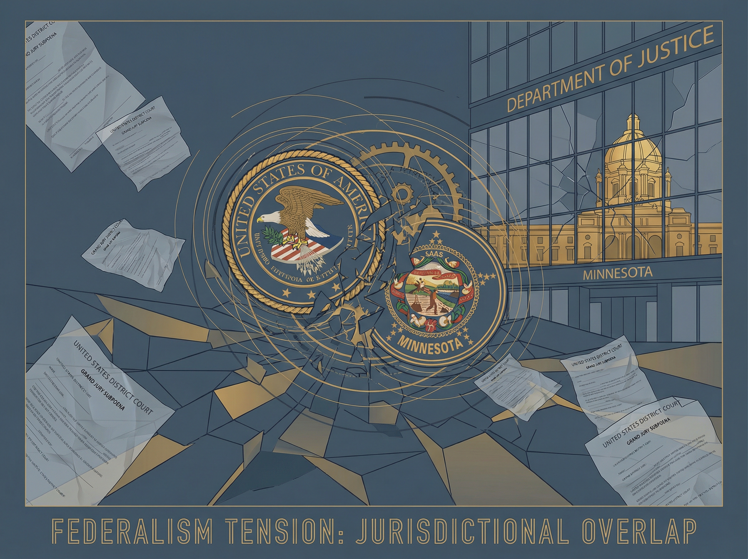 Abstract visualization of federal and state seals colliding with subpoena documents