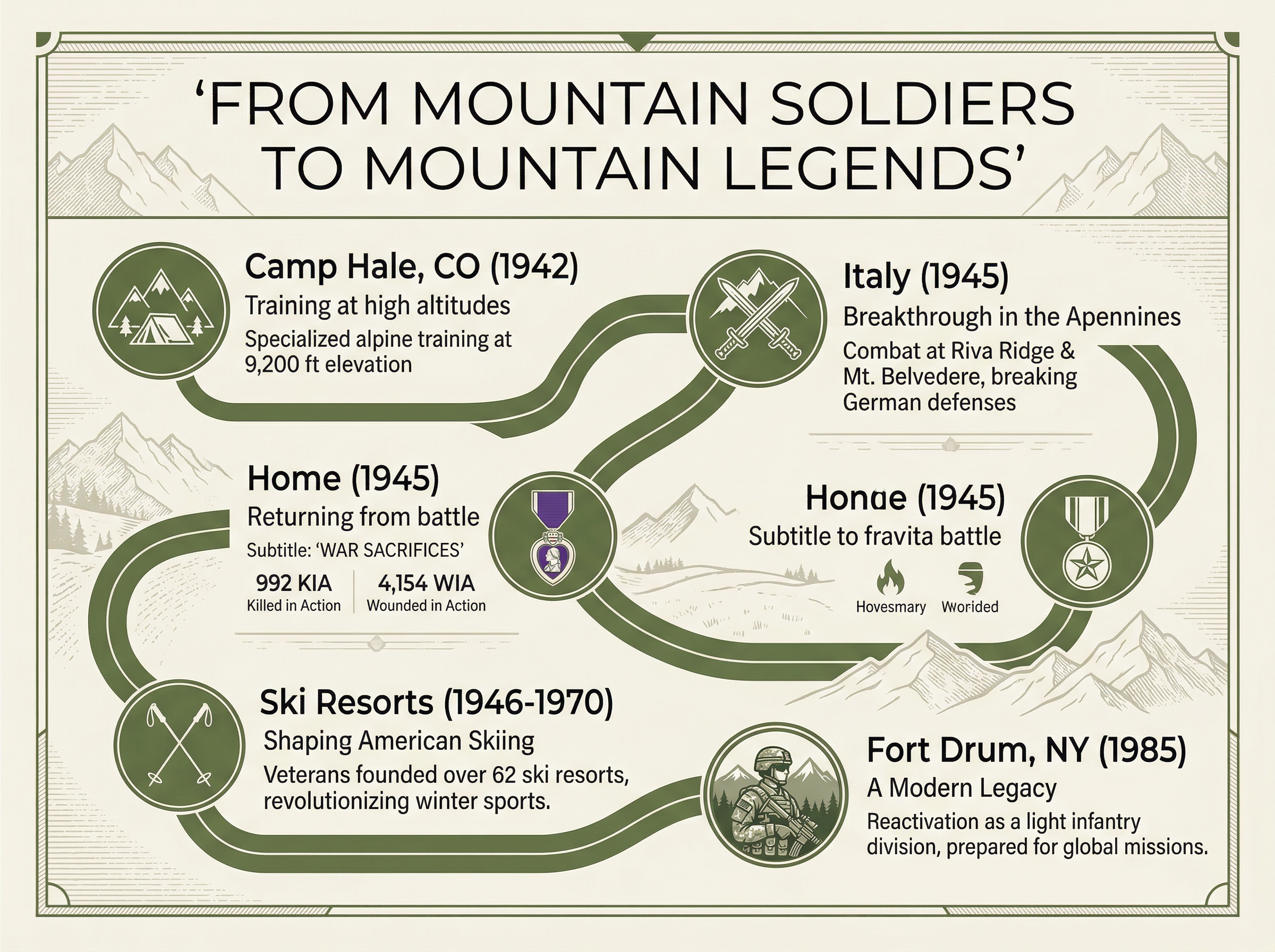 Infographic showing the journey of the 10th Mountain Division from Camp Hale to Italy to American ski resorts to Fort Drum