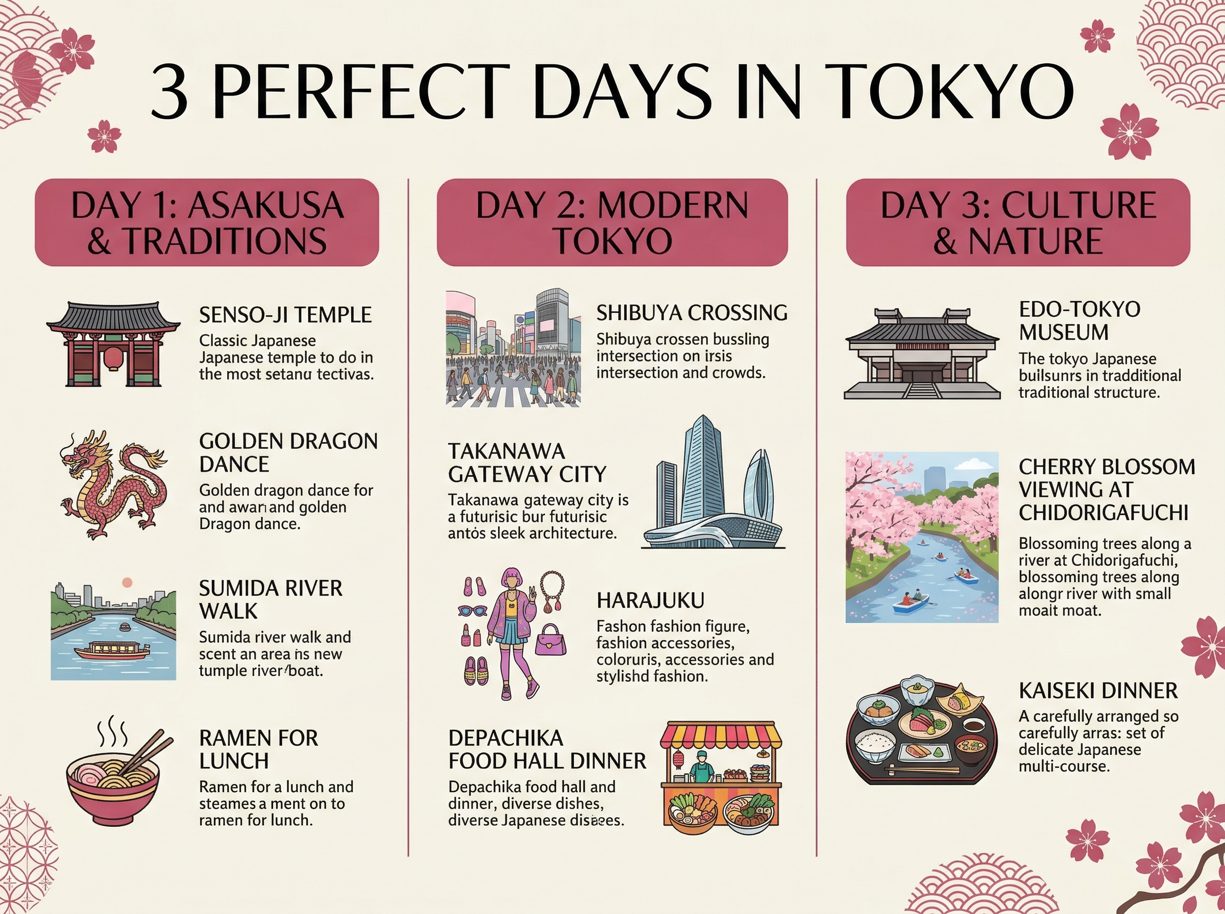 Infographic showing a suggested 3-day Tokyo itinerary: Day 1 covers Asakusa traditions, Day 2 explores modern Tokyo, Day 3 focuses on culture and nature