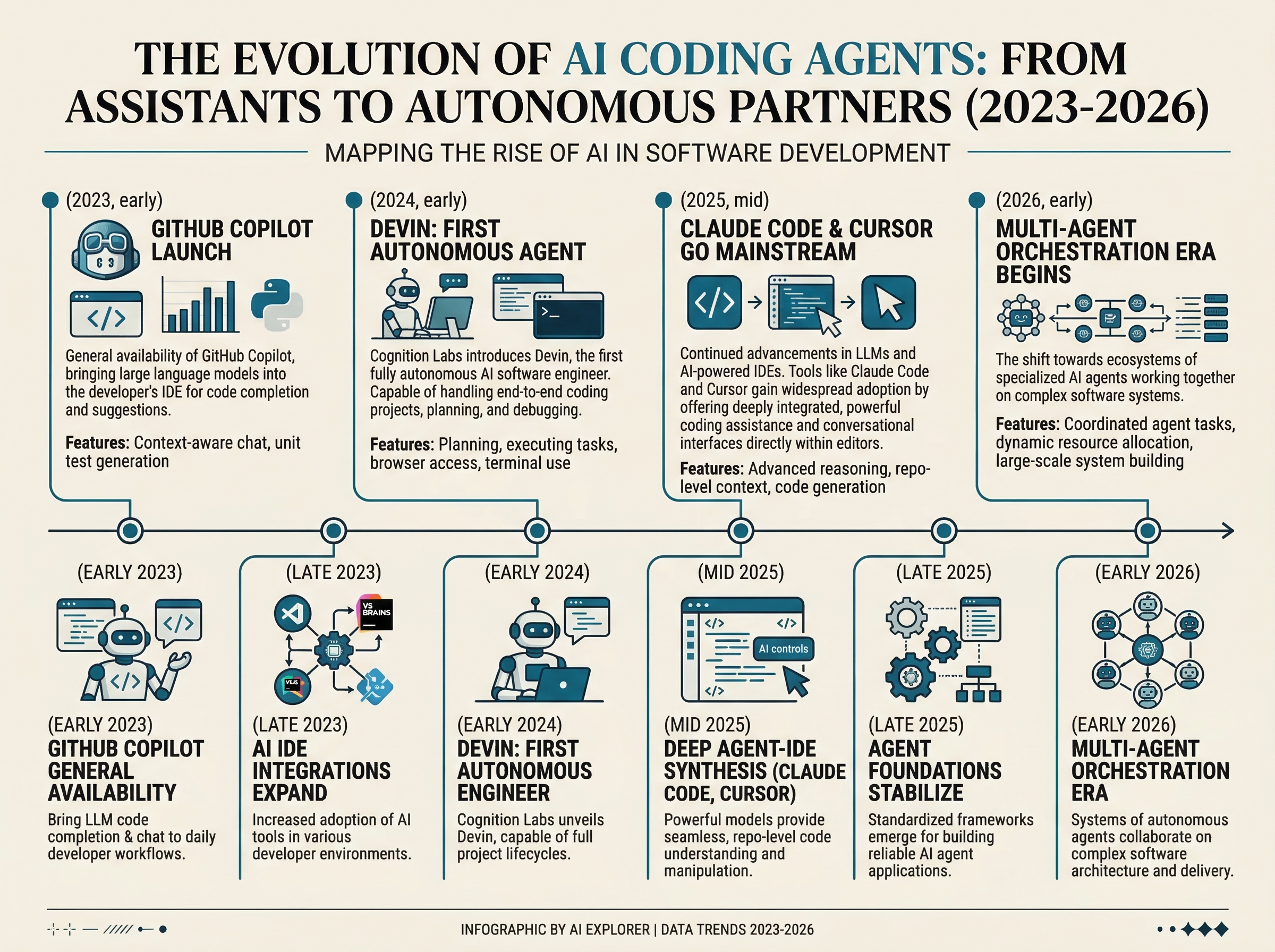 Timeline infographic showing the evolution of AI coding agents from GitHub Copilot in 2023 to multi-agent orchestration in 2026
