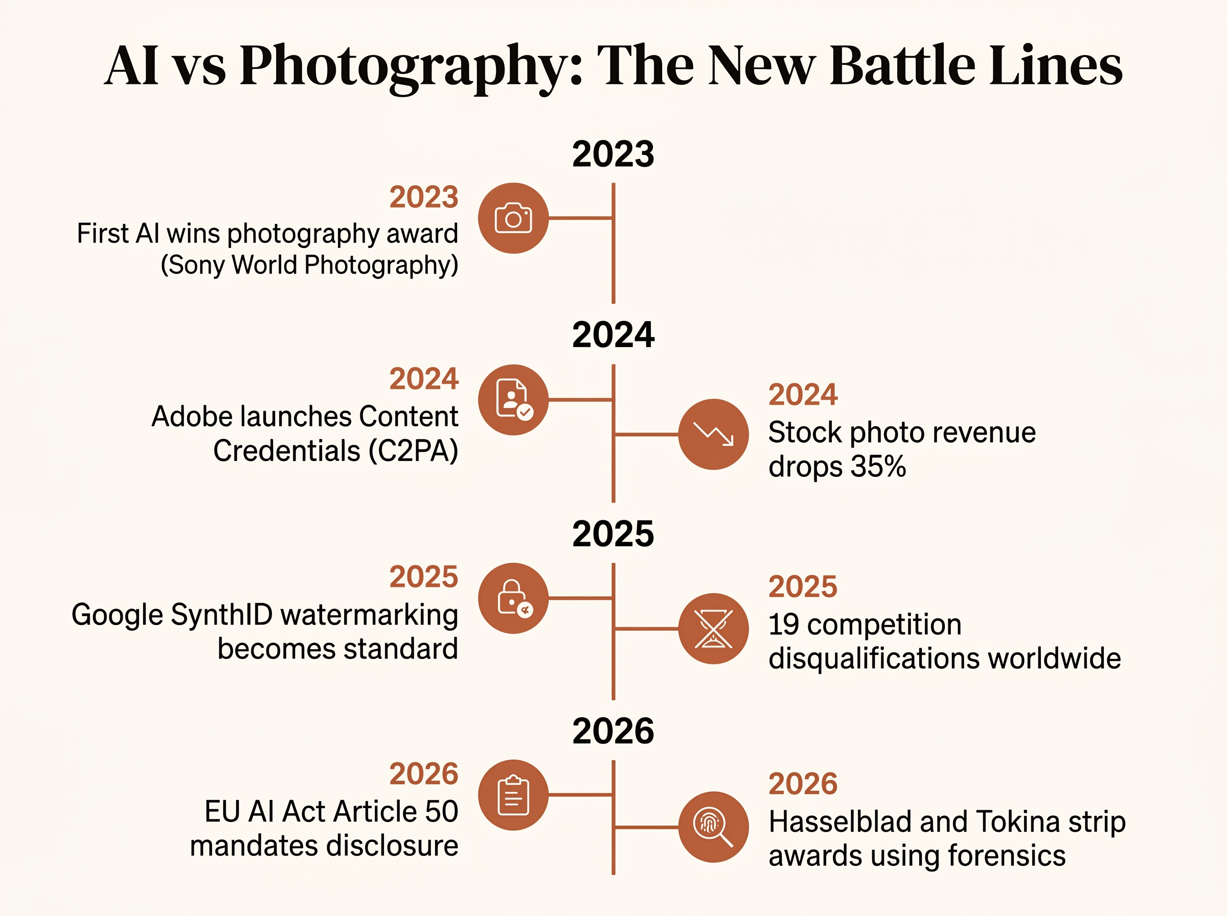 Timeline infographic showing key milestones from 2023 to 2026 in the AI vs Photography battle, including the first AI award win, C2PA launch, stock photo decline, SynthID standardization, and EU AI Act deadlines