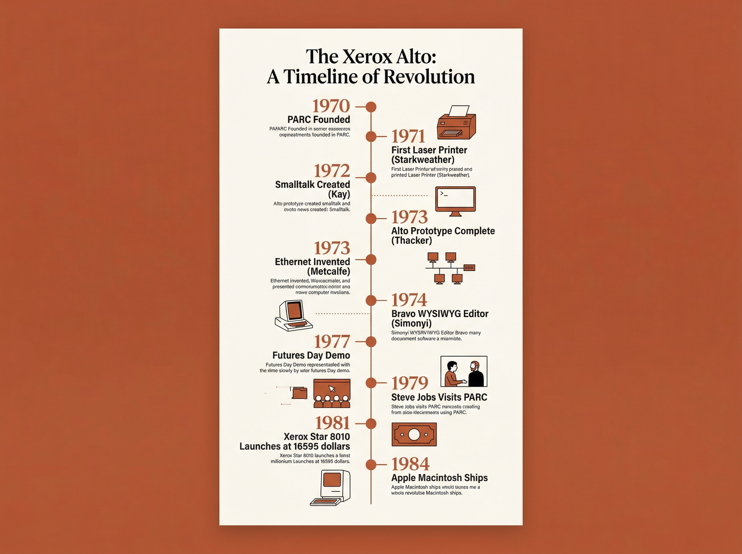 Timeline infographic showing key milestones from PARC's founding in 1970 through the Macintosh launch in 1984