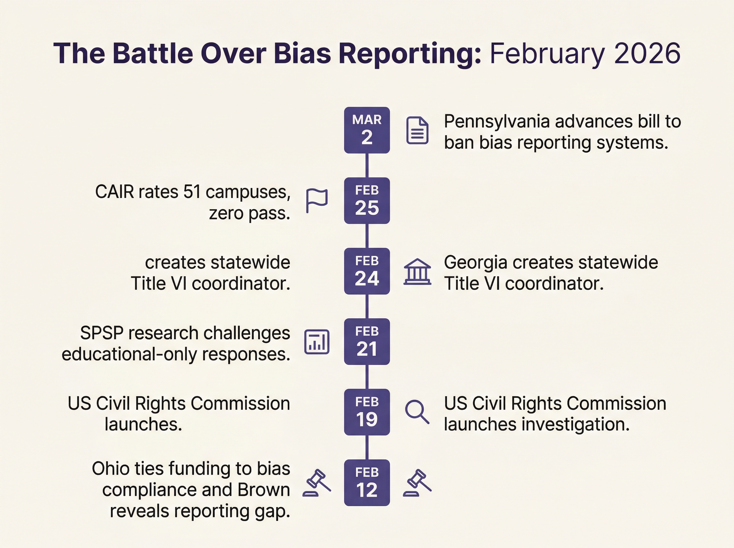 Timeline infographic showing 6 key events in university bias reporting from February 12 to March 2, 2026, including federal investigations, state legislation, research findings, and advocacy reports