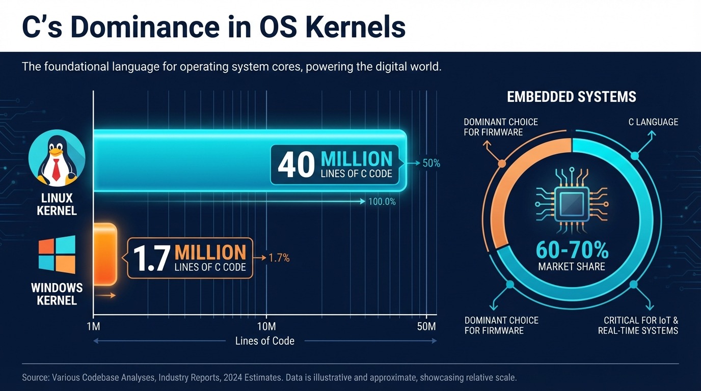 Infographic showing C's dominance in operating system kernels: Linux 40M lines, Windows 1.7M lines, embedded systems 60-70% market share