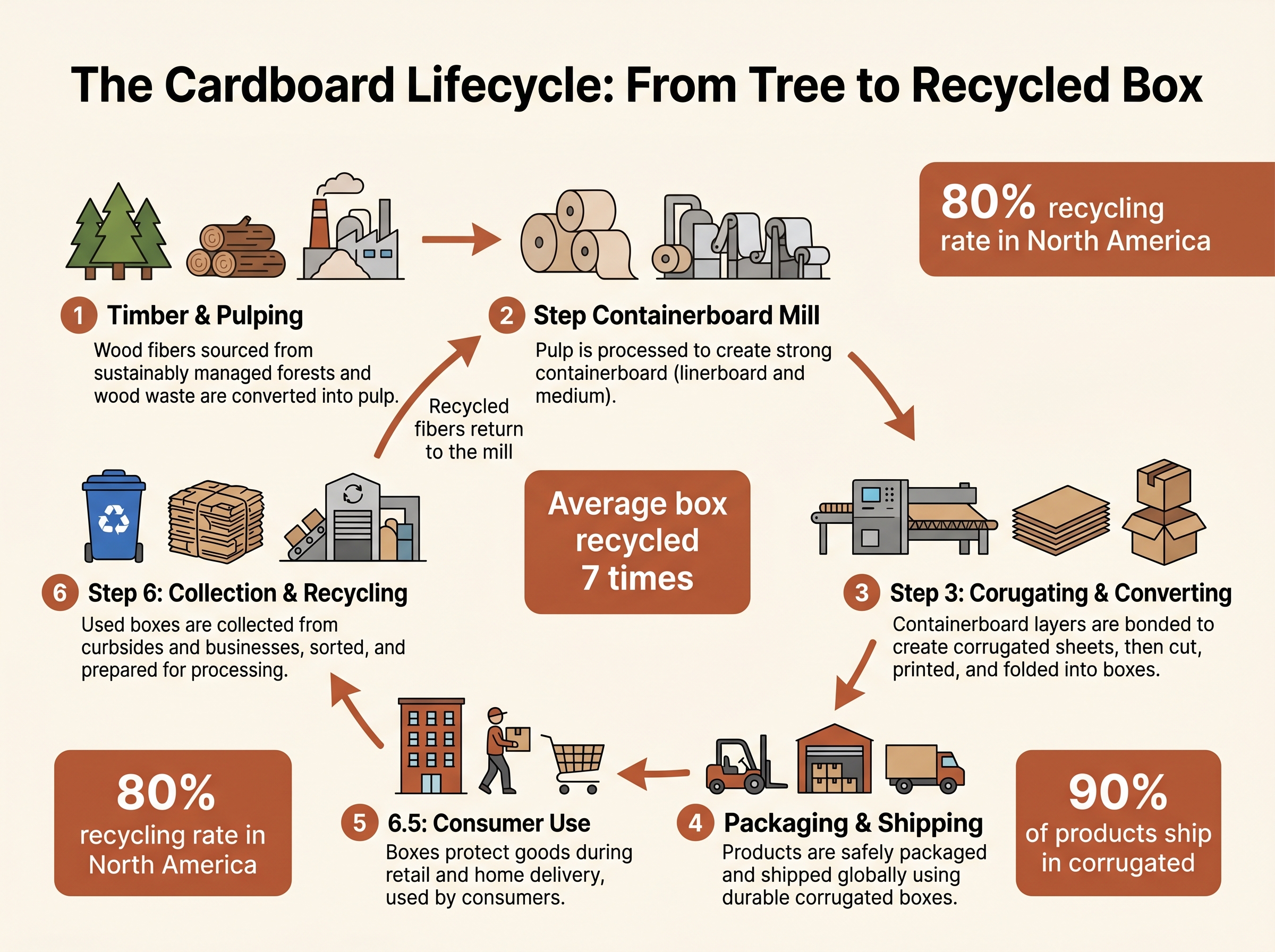 Infographic showing the circular lifecycle of corrugated cardboard from timber to recycling