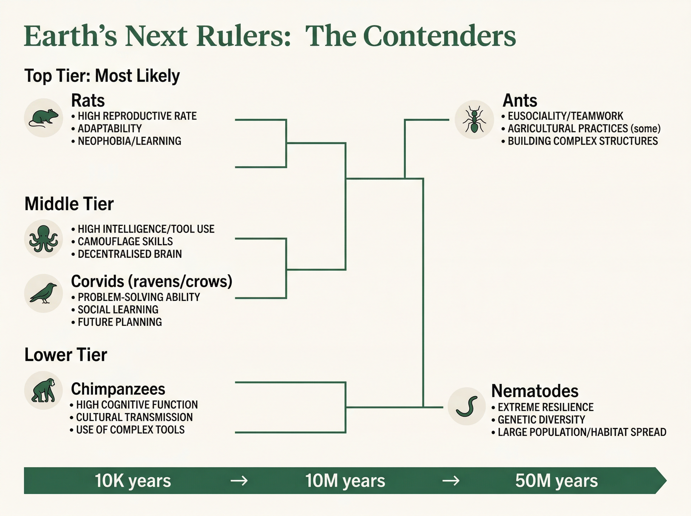 Infographic showing Earth's next rulers: comparing 6 contender species across key traits and evolutionary timelines
