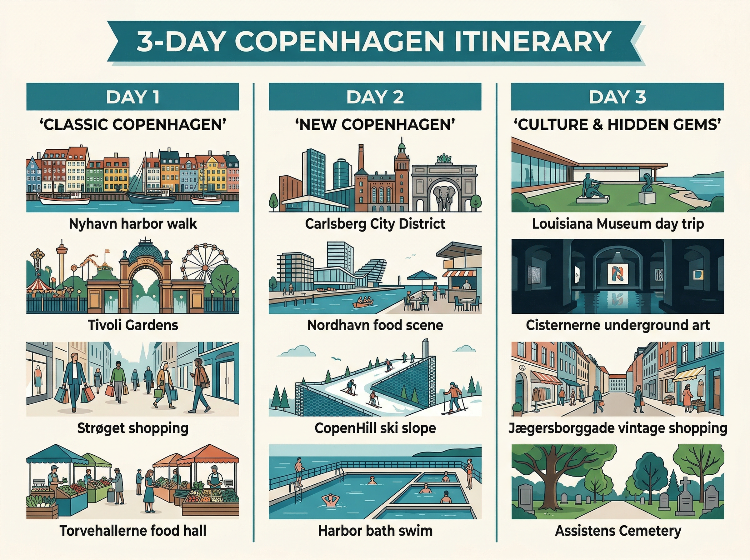 Three-day Copenhagen itinerary infographic showing Day 1 (Classic Copenhagen), Day 2 (New Copenhagen & Louisiana), and Day 3 (CopenHill & Hidden Gems)