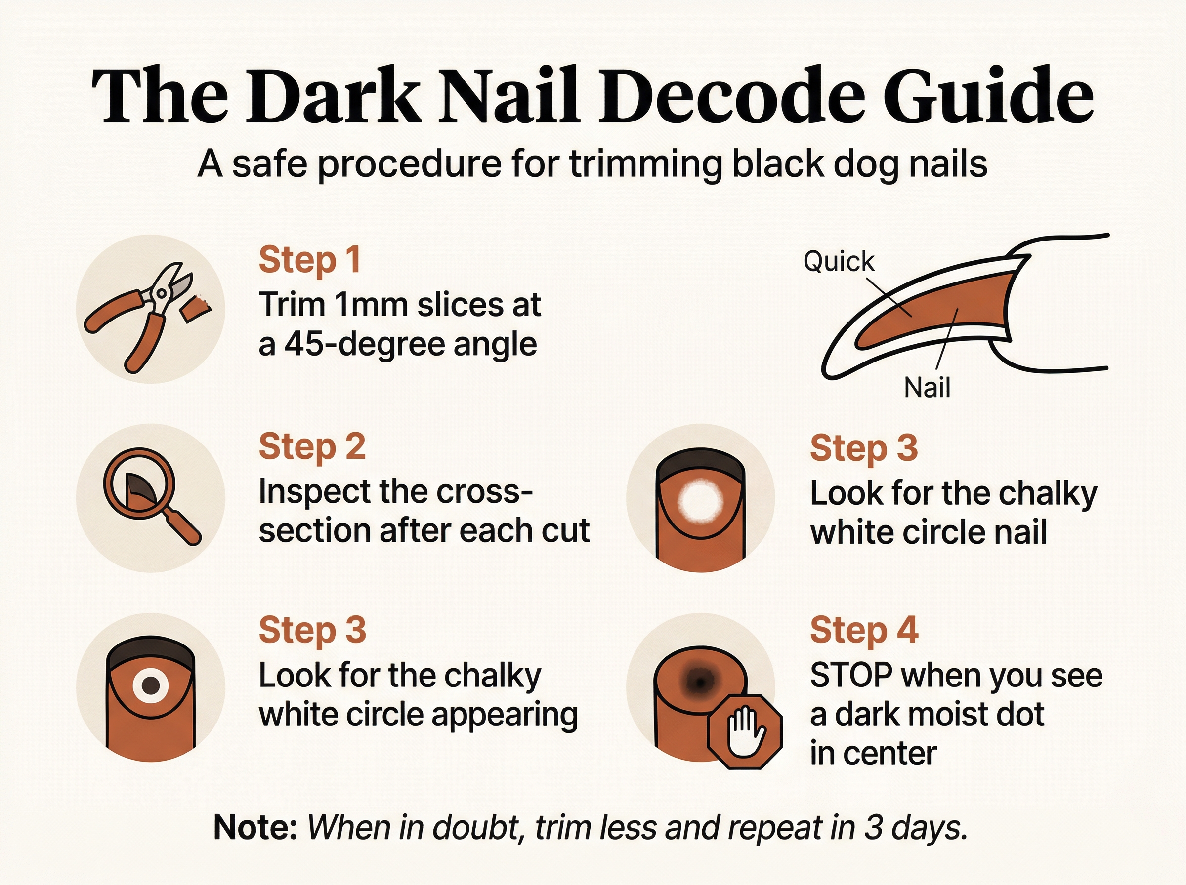 Infographic: The Dark Nail Decode Guide showing 4 steps for safely trimming black dog nails