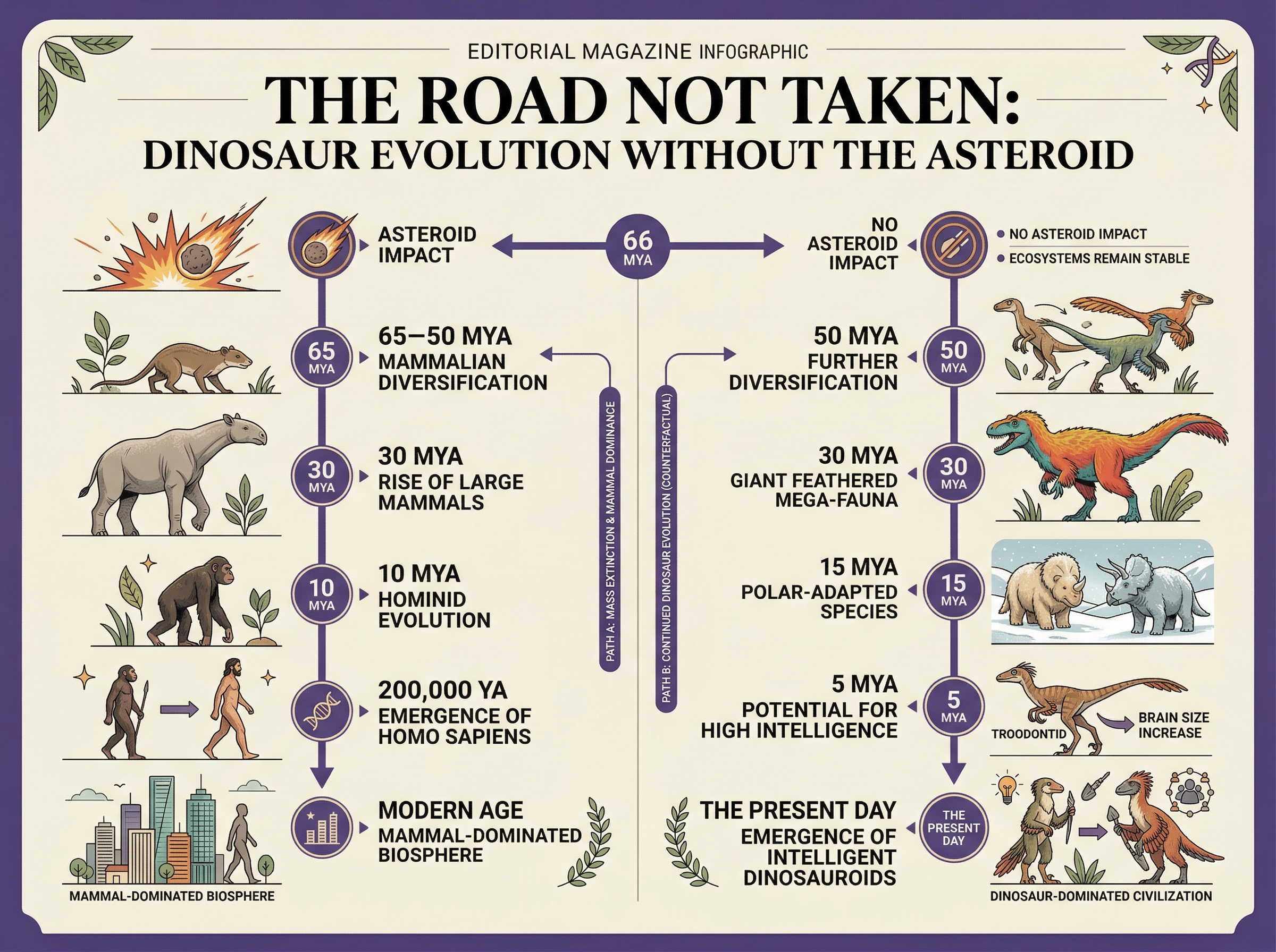 Timeline infographic showing the branching paths of actual history versus a counterfactual where dinosaurs survived the asteroid
