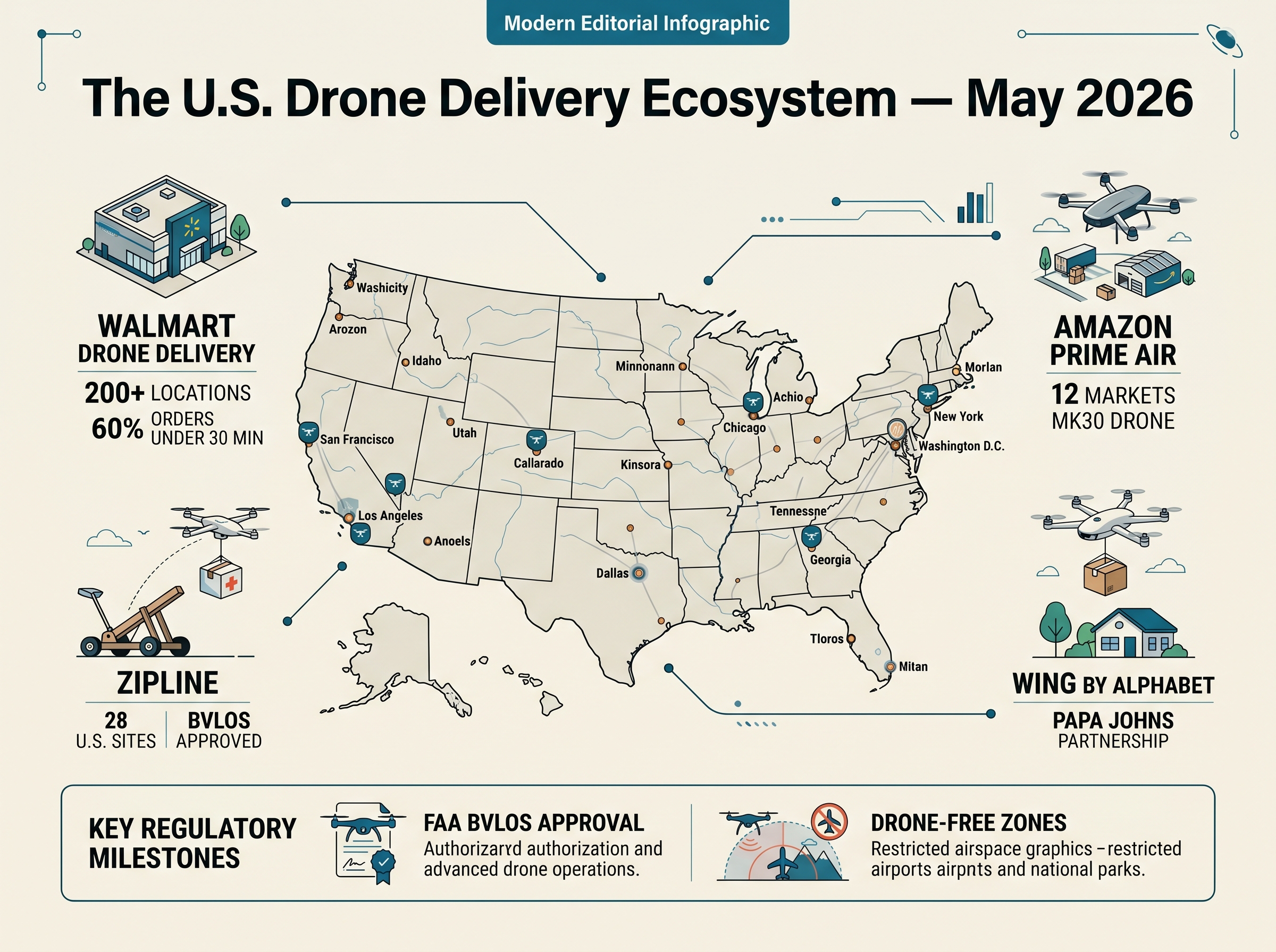 Infographic showing the U.S. drone delivery ecosystem as of May 2026, with key players, their coverage areas, and regulatory milestones