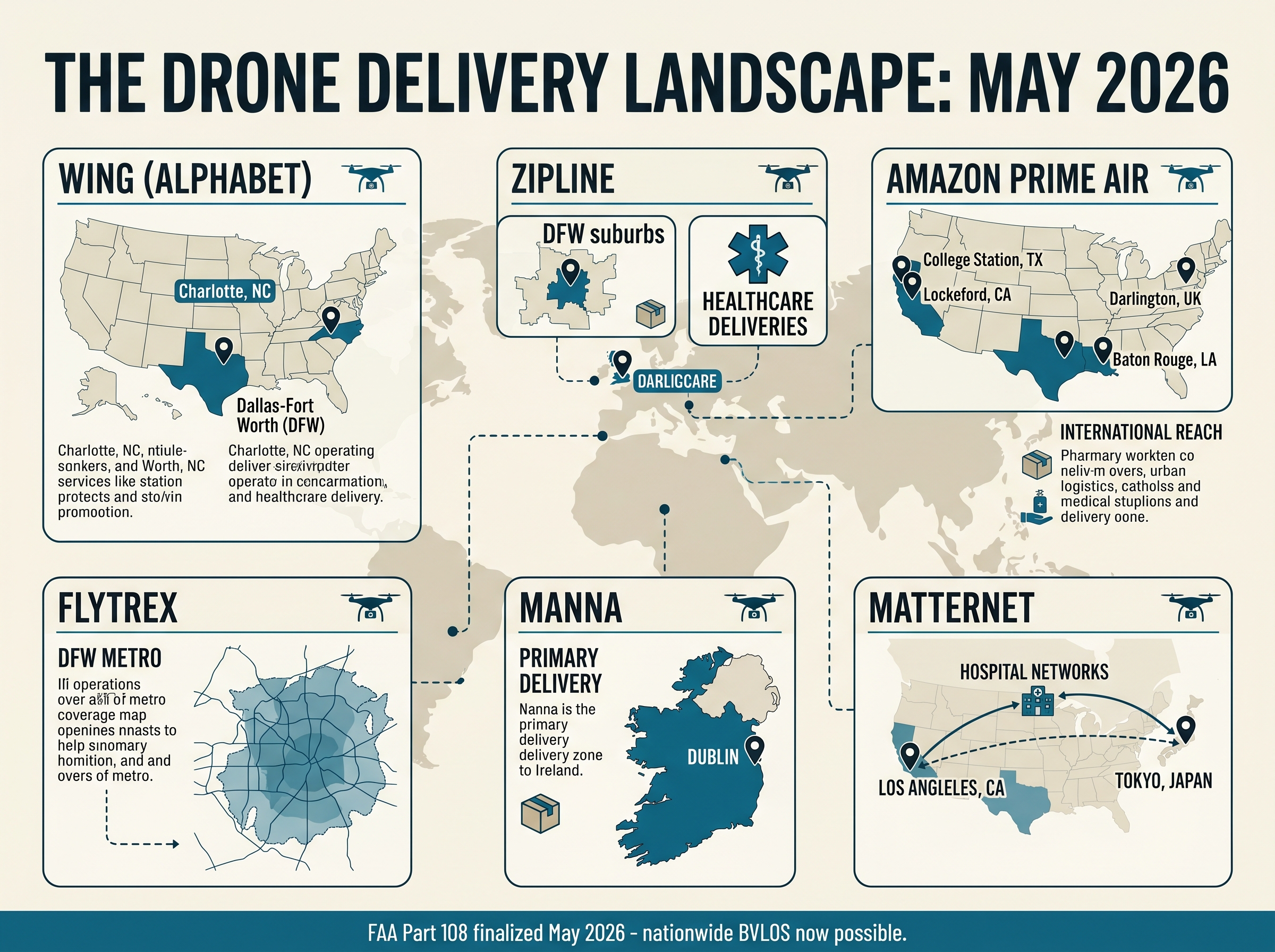 Infographic showing the drone delivery operator landscape as of May 2026, including Wing, Zipline, Amazon, Flytrex, Manna, and Matternet with their active markets