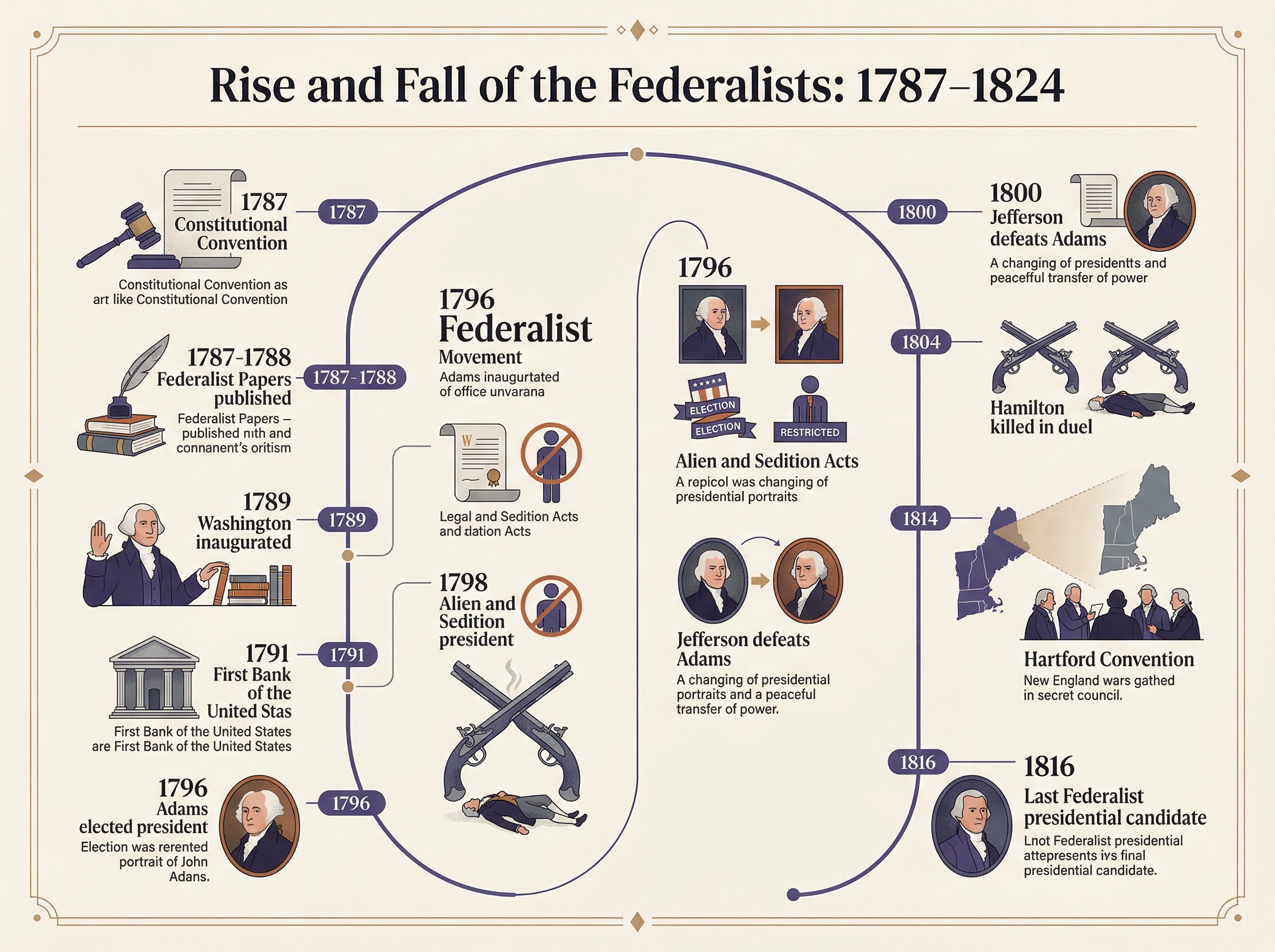 Timeline infographic showing key Federalist milestones from the Constitutional Convention in 1787 to the founding of the Federalist Society in 1982