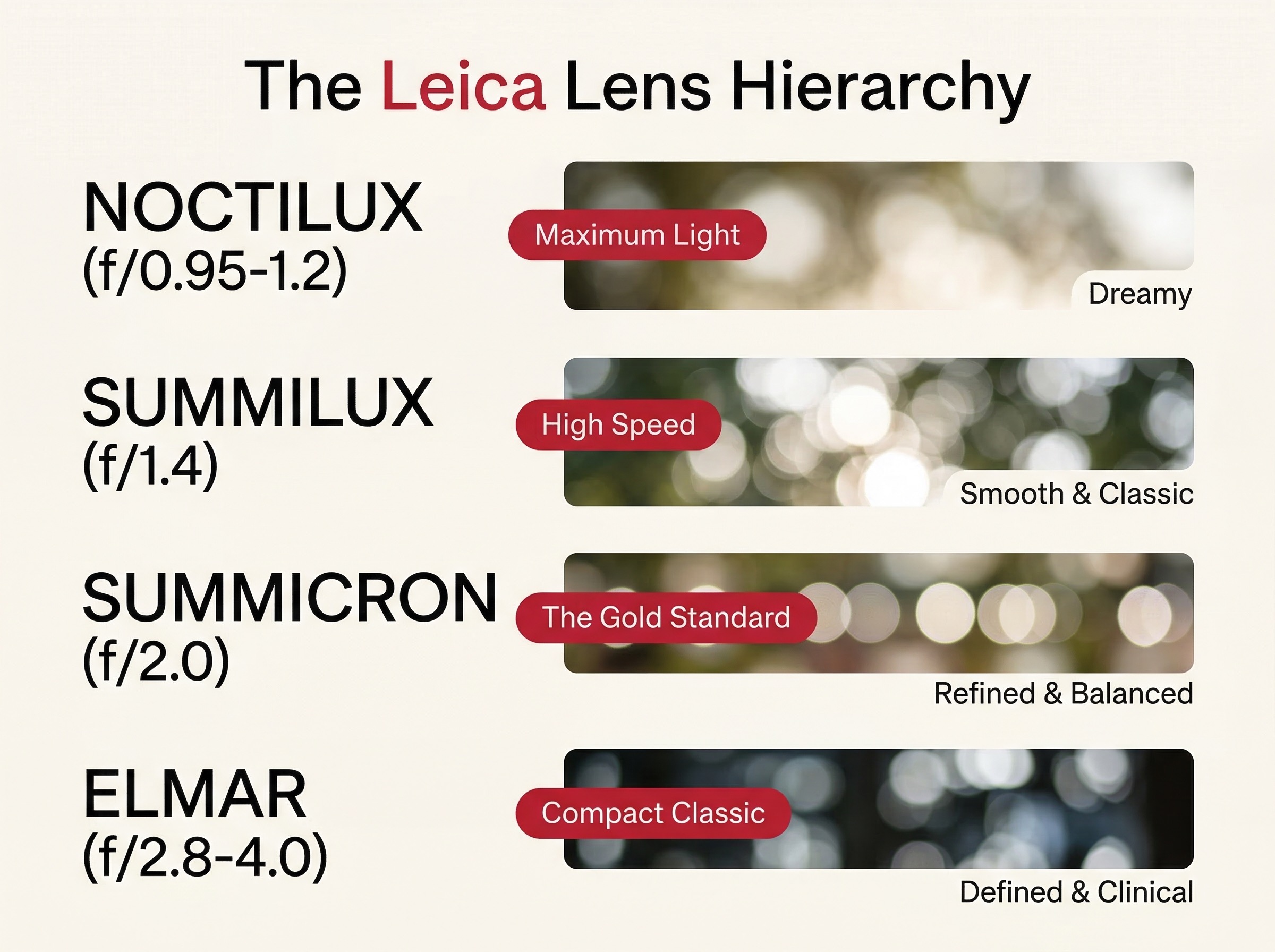 Infographic showing the Leica lens hierarchy: Noctilux, Summilux, Summicron, and Elmar families with their characteristics