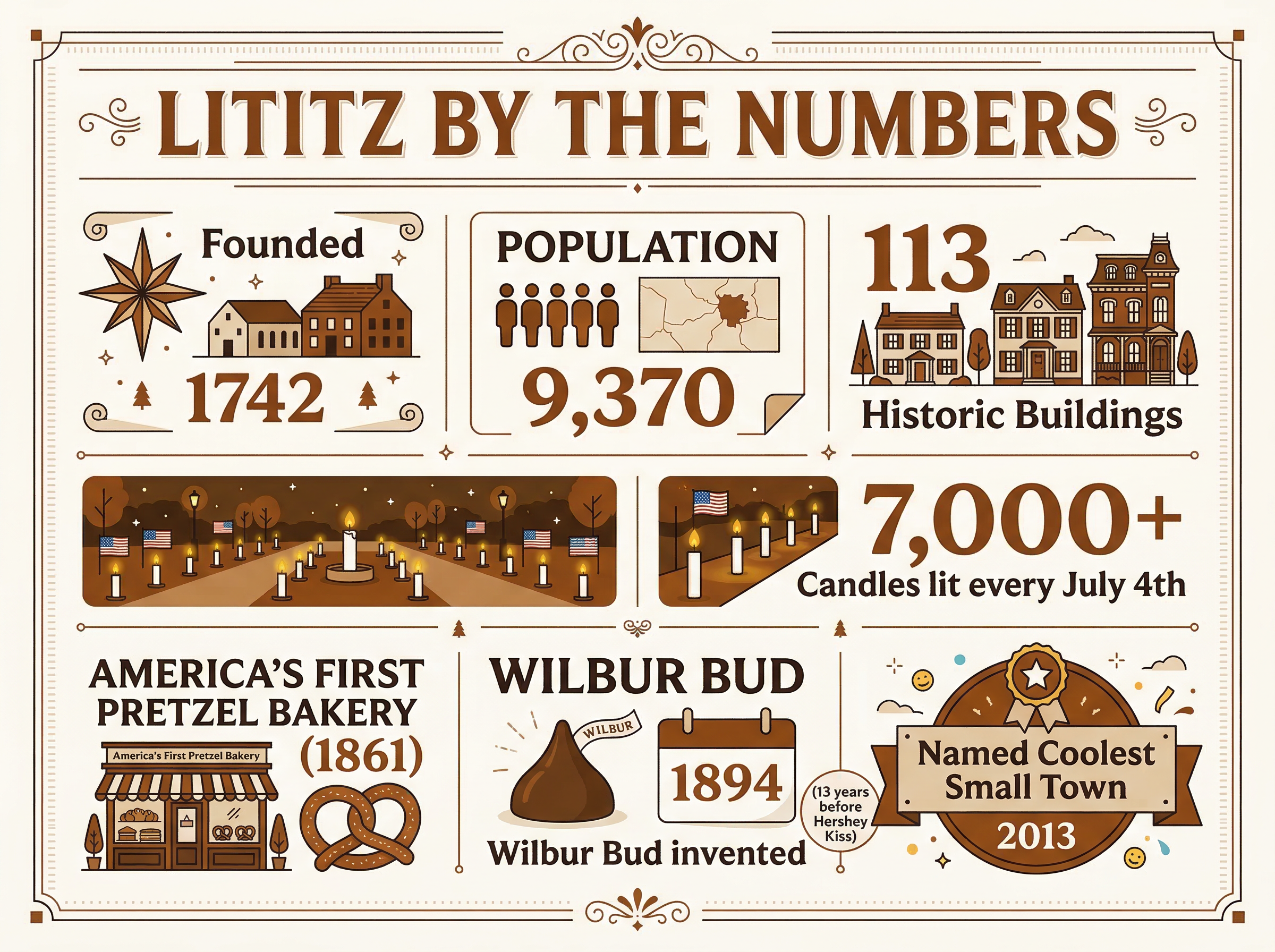 Infographic showing key Lititz statistics: Founded 1742, Population 9,370, 113 Historic Buildings, 7,000+ Candles every July 4th, America's First Pretzel Bakery 1861, Wilbur Bud invented 1894, Named Coolest Small Town 2013