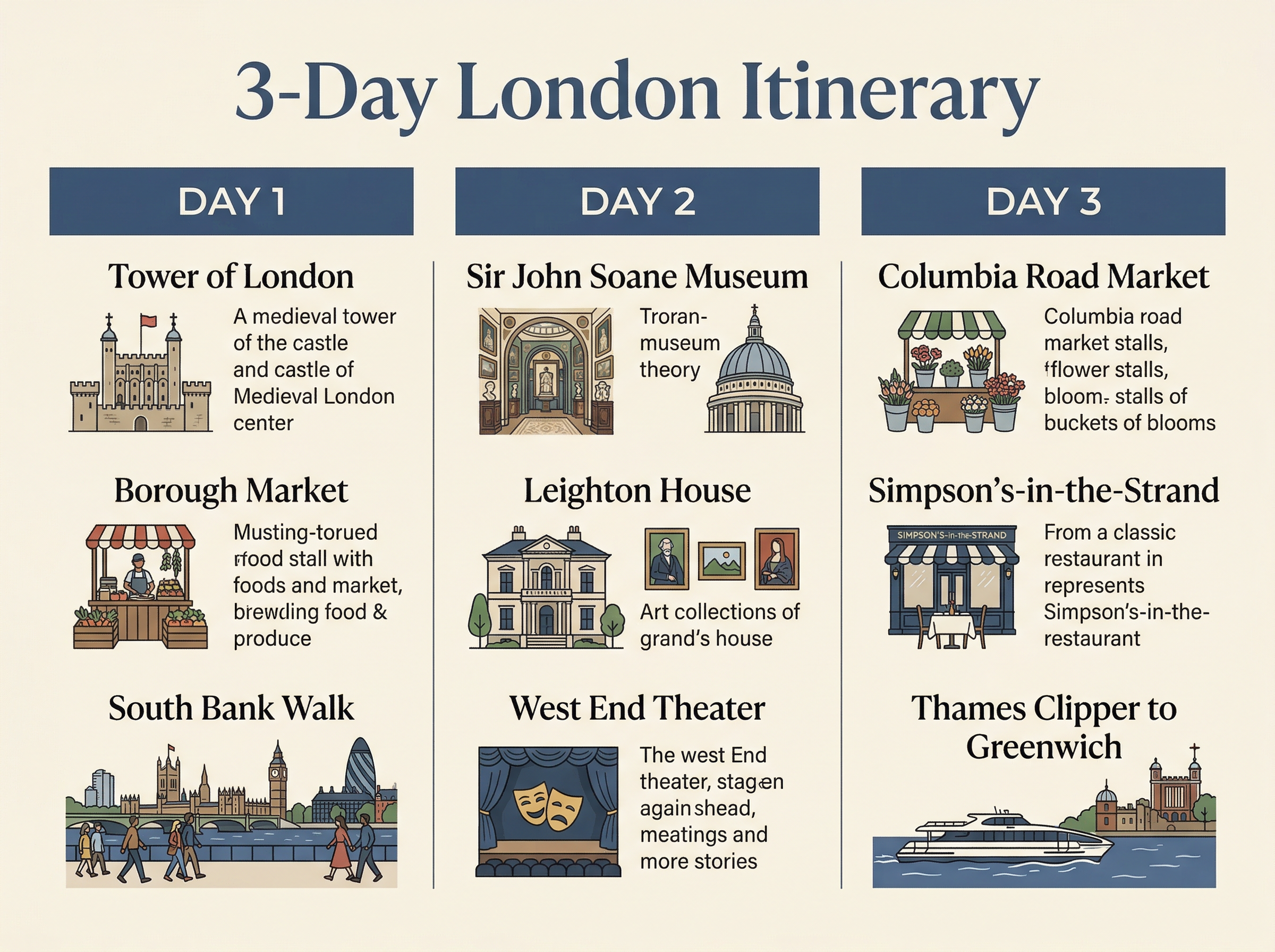 Infographic showing a 3-day London itinerary overview: Day 1 Tower, Borough Market, South Bank; Day 2 museums, Leighton House, West End; Day 3 Columbia Road, Simpsons, Thames Clipper