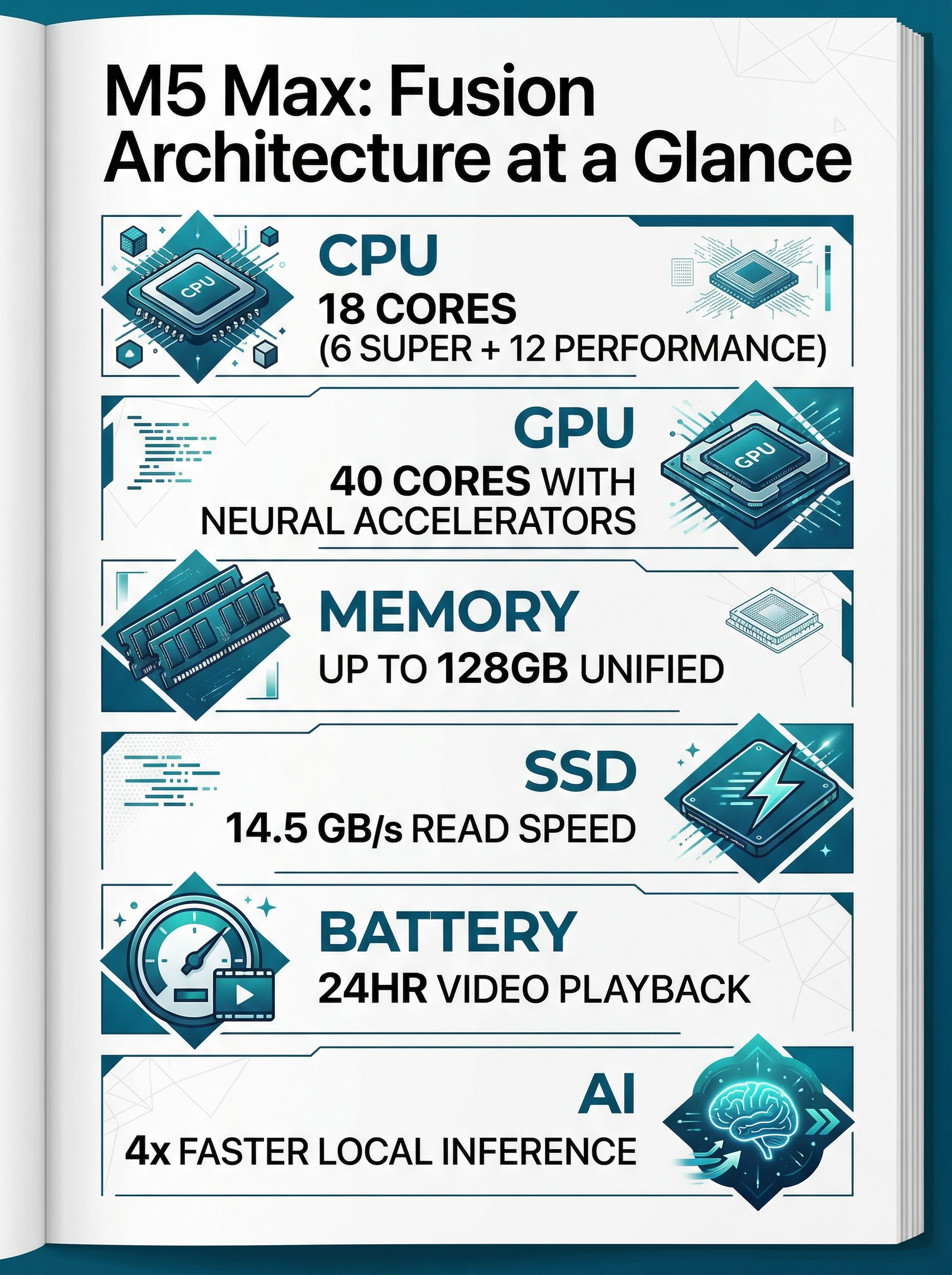 Infographic showing M5 Max Fusion Architecture specs: 18-core CPU, 40-core GPU with Neural Accelerators, up to 128GB unified memory, 14.5 GB/s SSD, 24hr battery, 4x AI performance