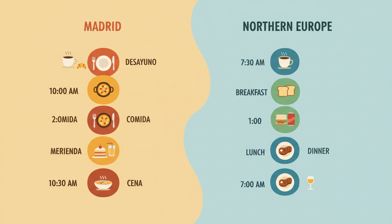 Infographic comparing Madrid's dining schedule to the rest of Europe, showing breakfast at 10am, lunch at 2:30pm, and dinner at 10:30pm versus typical European times