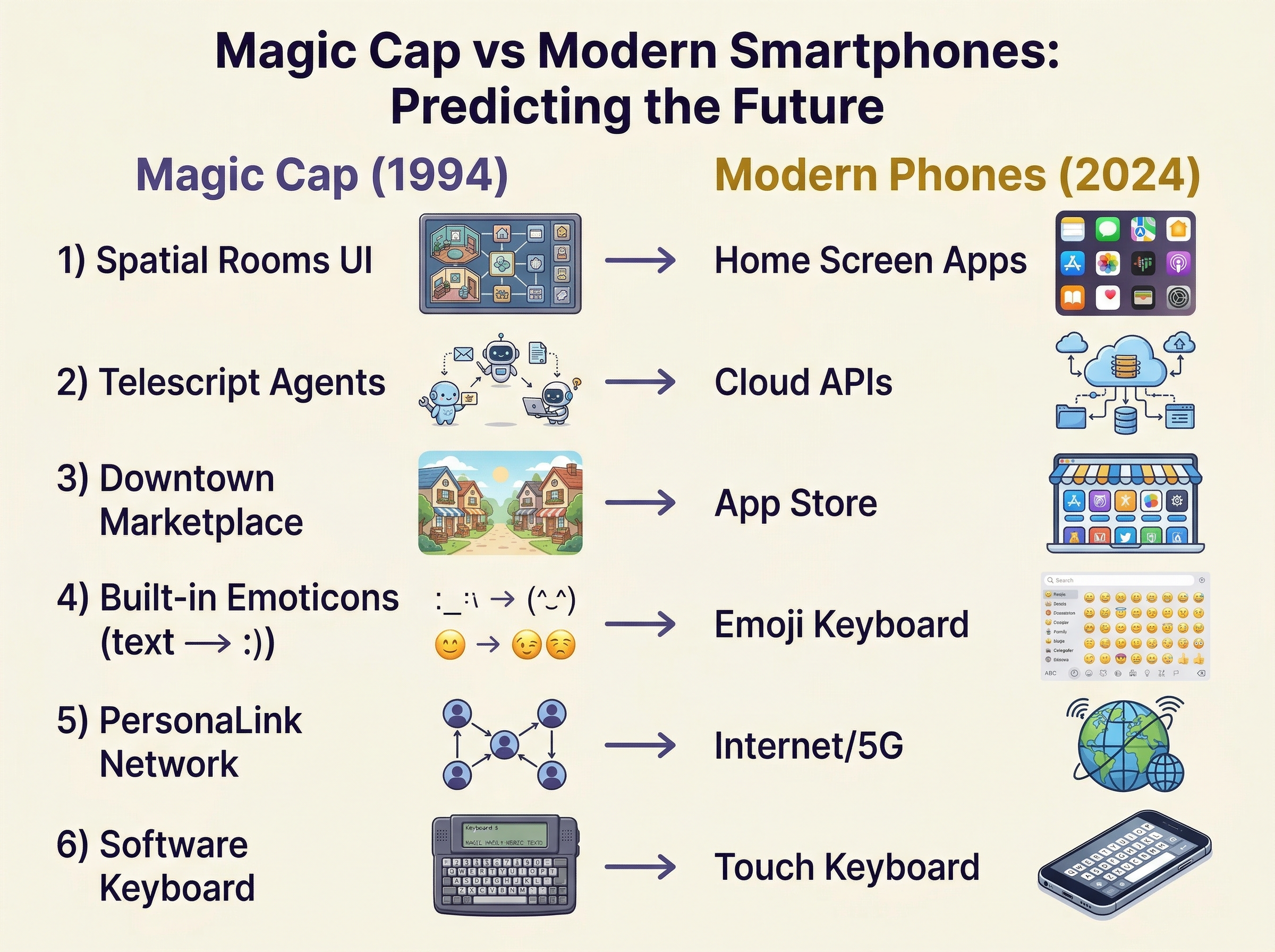 Infographic comparing Magic Cap features from 1994 to their modern smartphone equivalents: Spatial Rooms became Home Screen Apps, Telescript Agents became Cloud APIs, Downtown Marketplace became App Store, Built-in Emoticons became Emoji Keyboard