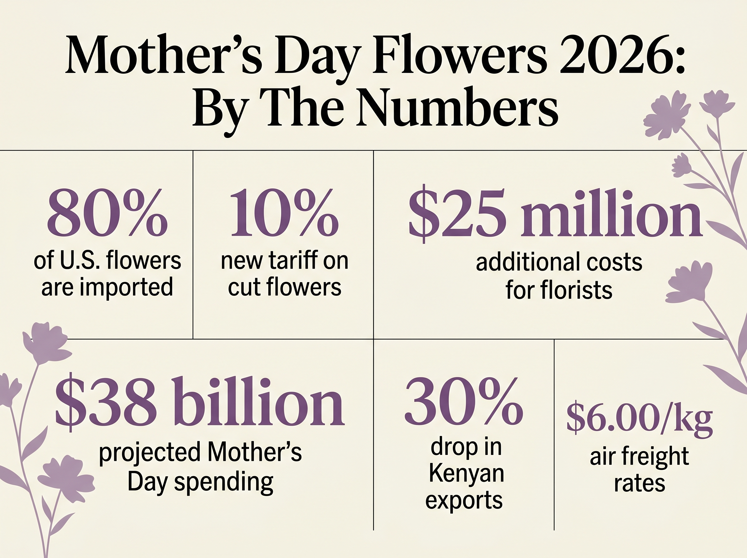 Infographic: Mother's Day Flowers 2026 By The Numbers — showing key statistics including 80% import rate, 10% new tariff, $25 million additional costs, $38 billion projected spending, 30% drop in Kenyan exports, and $6.00/kg freight rates