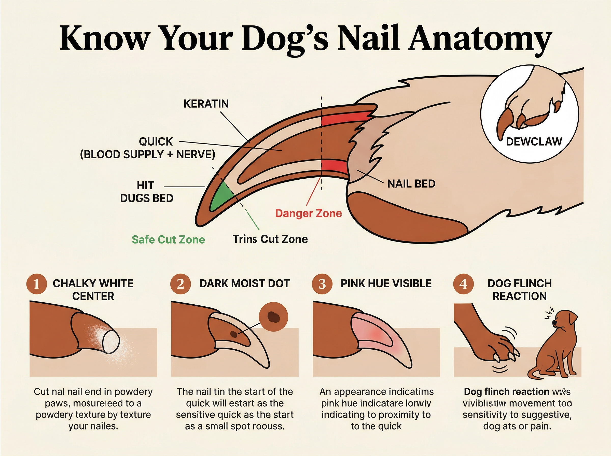 Infographic showing dog nail cross-section anatomy with labeled safe and danger zones