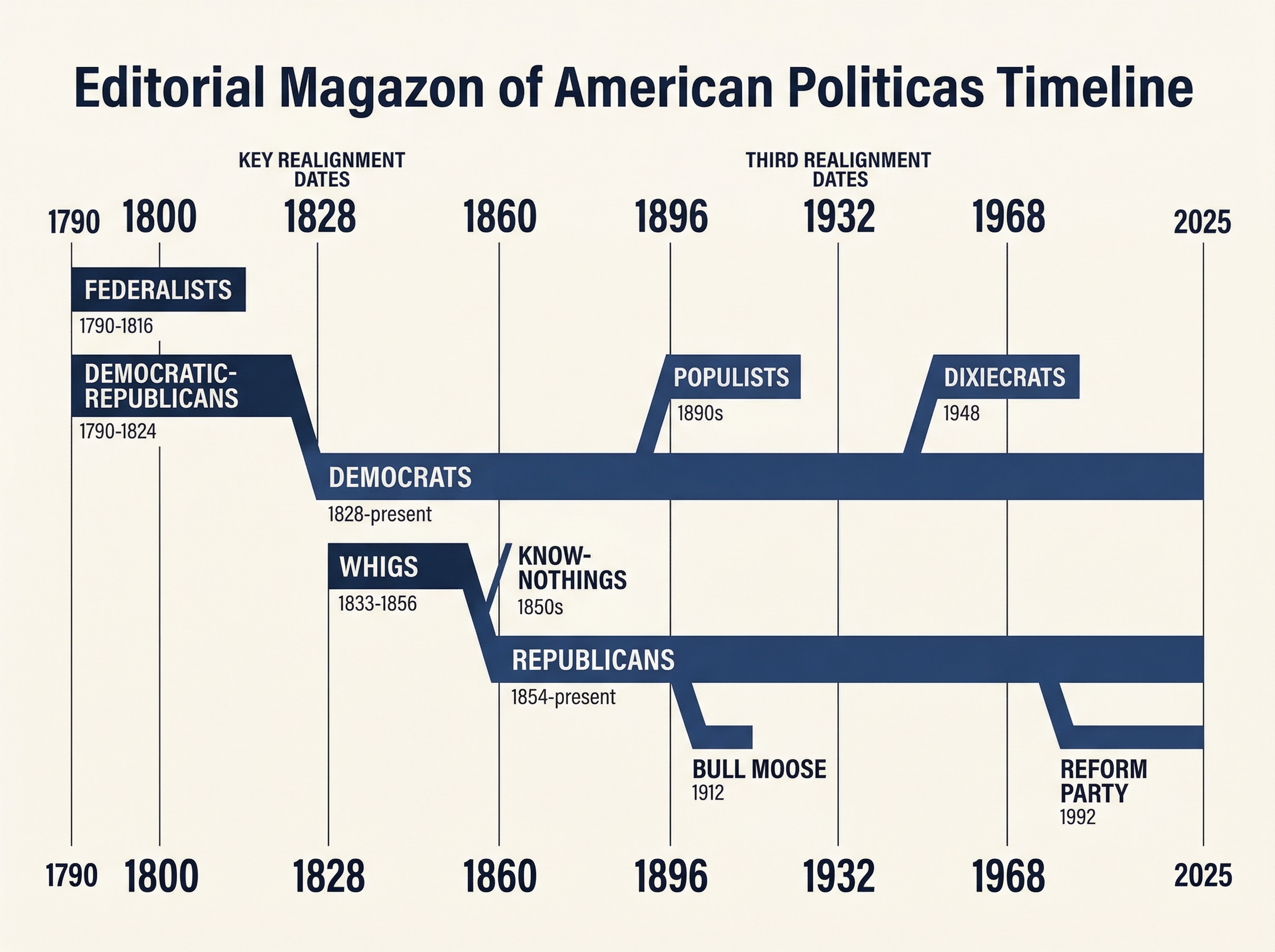Timeline infographic showing the evolution of American political parties from 1790 to 2025, with party systems, third parties, and key realignment dates