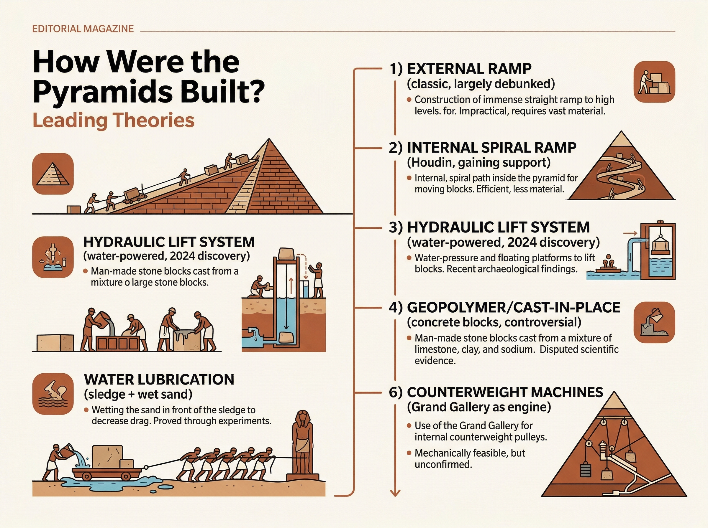 Infographic showing 6 leading theories of pyramid construction: external ramp, internal spiral ramp, hydraulic lift, geopolymer casting, water lubrication, and counterweight machines